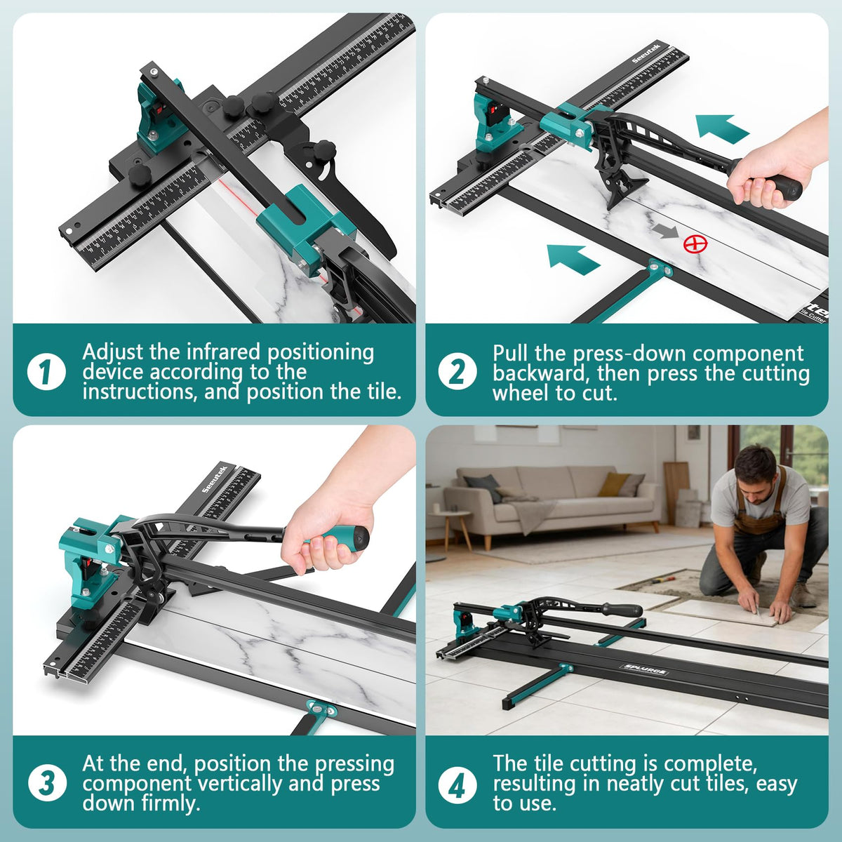Seeutek Tile Cutter - 48 inch Professional Manual Porcelain Ceramic Tile Cutter, Double Rails Design Tile Cutter Tool, with Extra Tungsten Cutting Wheel and Laser Positioning