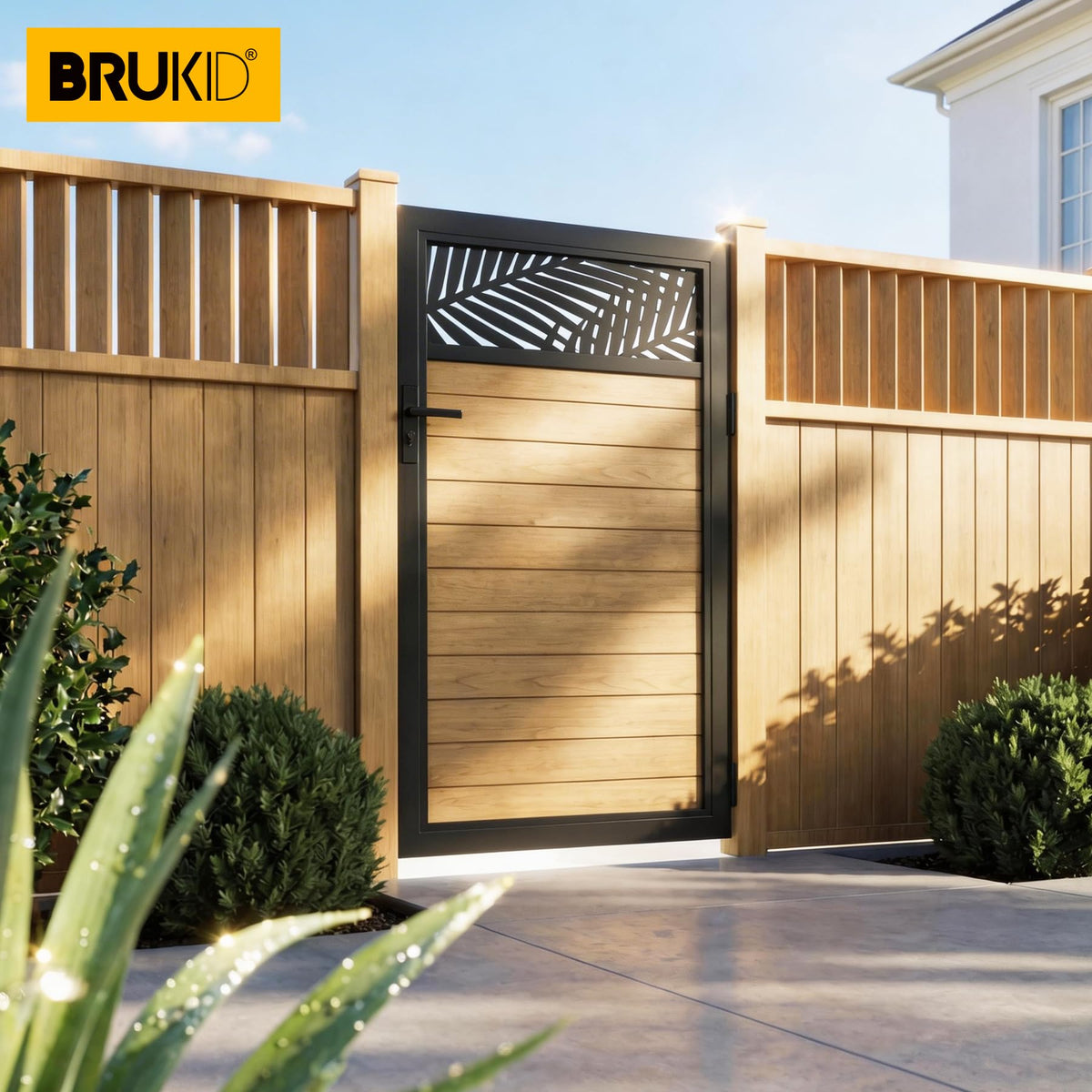 Brukid 3x5 FT Aluminum Fence Gate Kit Wood Grain Aluminum Gate with Decorative Cutout, Lock & Hinges, Left/Right Opening, Weather Resistant for Yard Garden Patio
