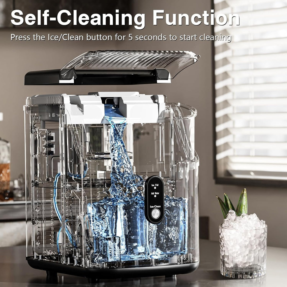 Antarctic Star Nugget Ice Makers Countertop, Portable Ice Machine with Ice Scoop & Basket, 34Lbs/24H, Self-Cleaning, One Click Operation for Camping/RV/Party (Stainless Steel Black)