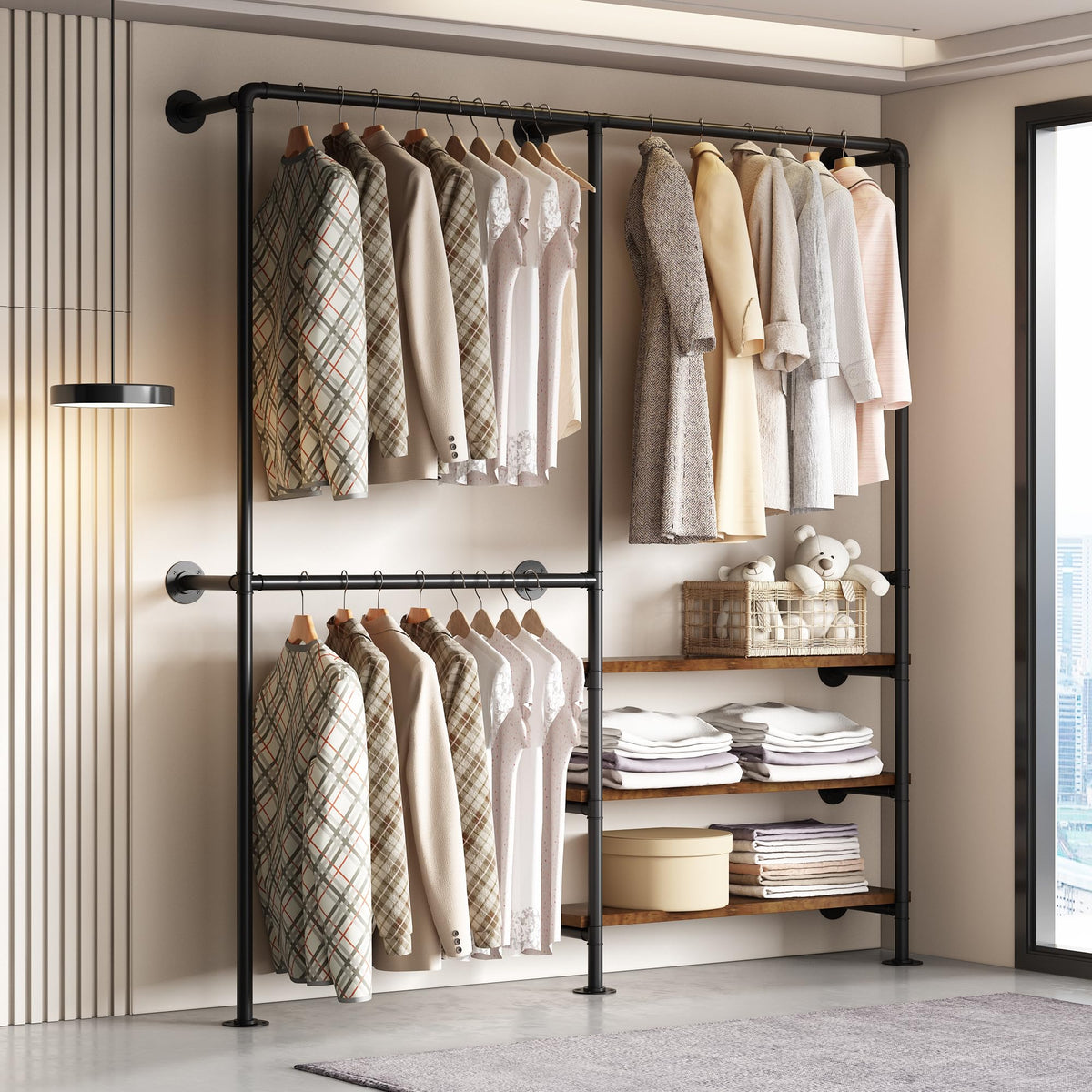 KAILNKISS Industrial Pipe Clothes Rack, Wall Mounted Clothing Rack with Shelves, Heavy Duty Closet Organizers Wardrobe Multi-Purpose Storage Clothes Hanging Shelf-70.8''L Black