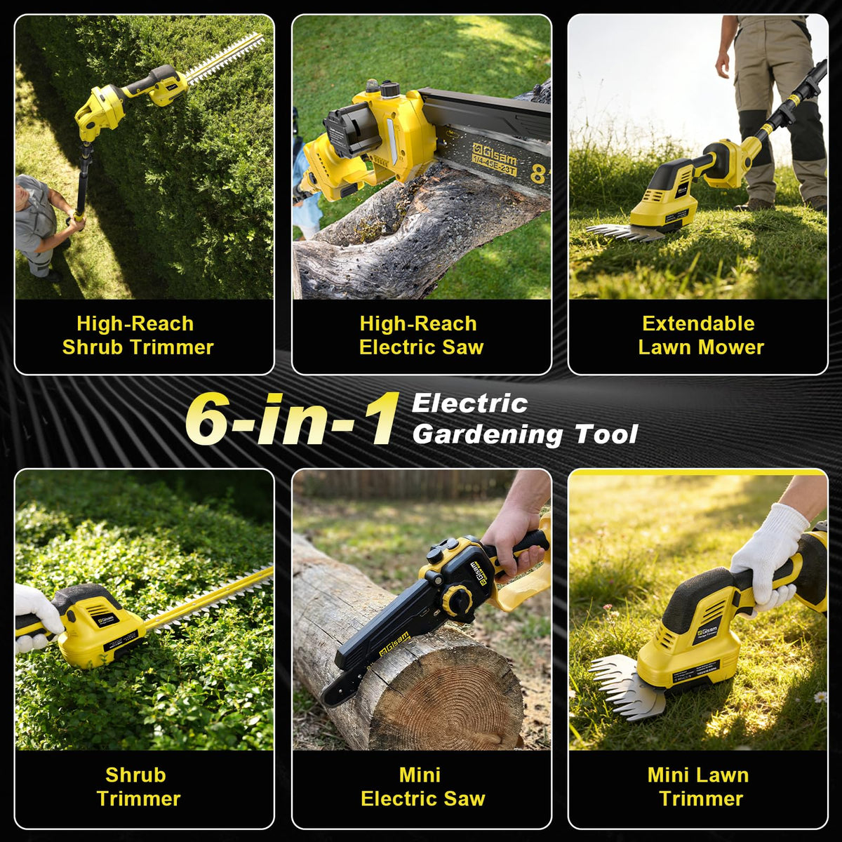 6-in-1 Cordless Pole Saw & Hedge Trimmer Combo & Grass Shear with Extension Pole Garden Tool with 2 * 4.0Ah Battery,180°Adjustable Angle,16Ft Reach,for Shrubs Pruning