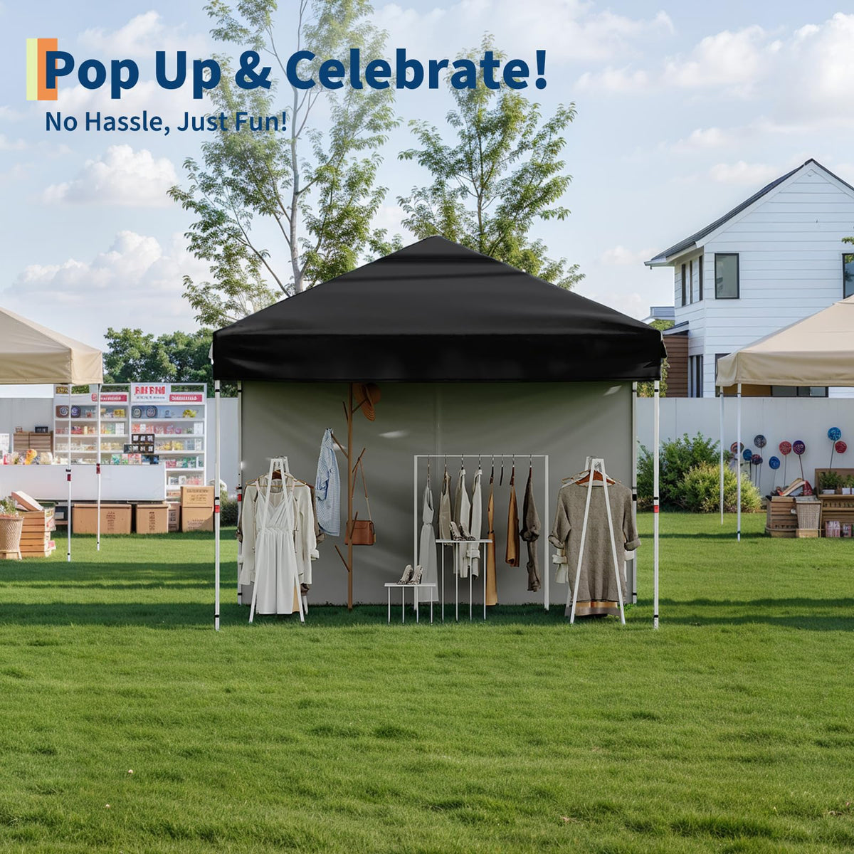Garvee 10 ft x10 ft Pop Up Canopy Tent with 4Pcs Sidewalls, Portable Instant Commercial Canopy with 4 Stakes, 4 Ropes, 4 Sandbags for Farmers' Market, Patio, Outdoor, Camping, Black