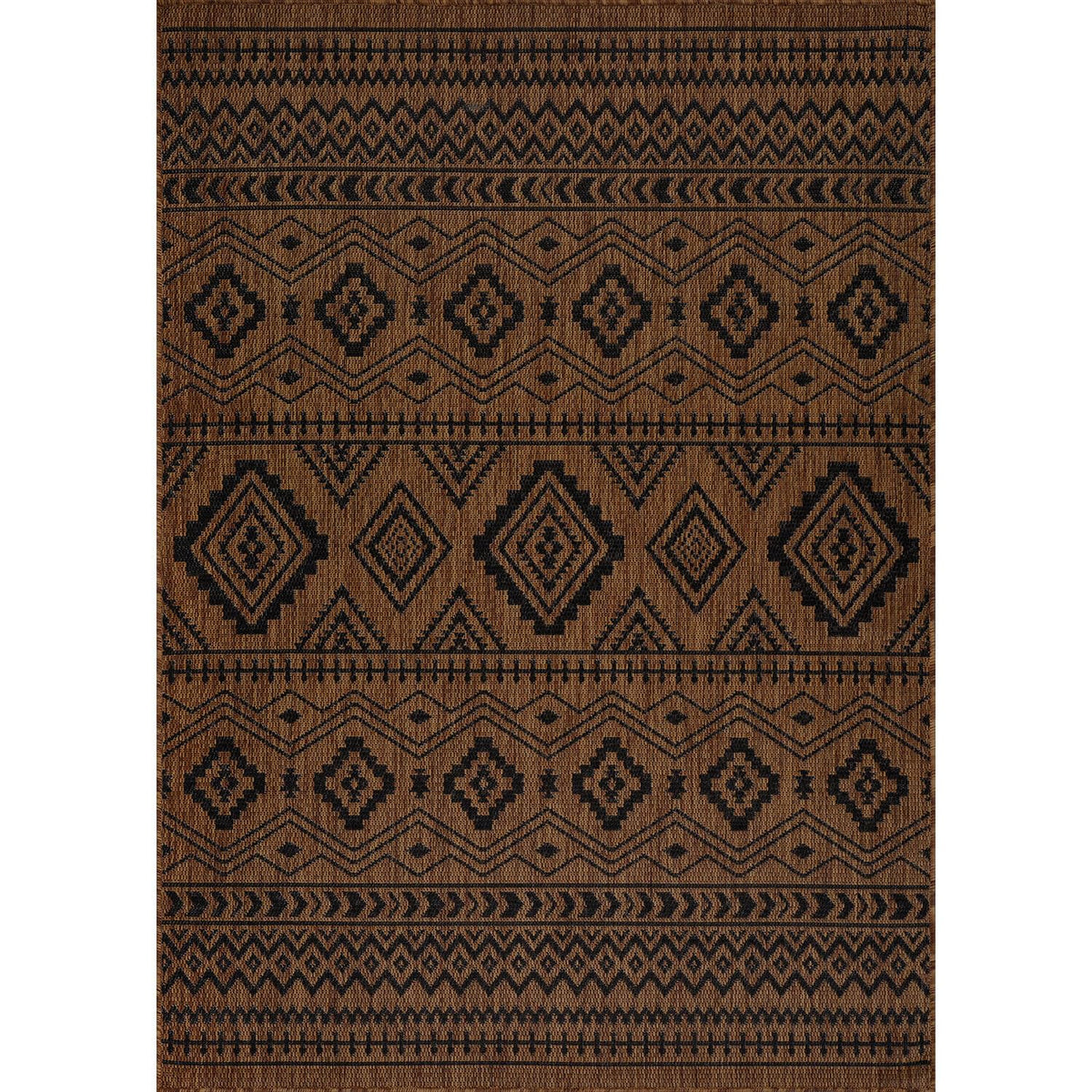 Beverly Rug Waikiki Boho Indoor Outdoor Rug 9x12, Washable Outside Carpet for Patio, Deck, Porch, Bohemian Area Rug, Farmhouse Rugs, Aztec Tribal Rug, Nut Brown and Black