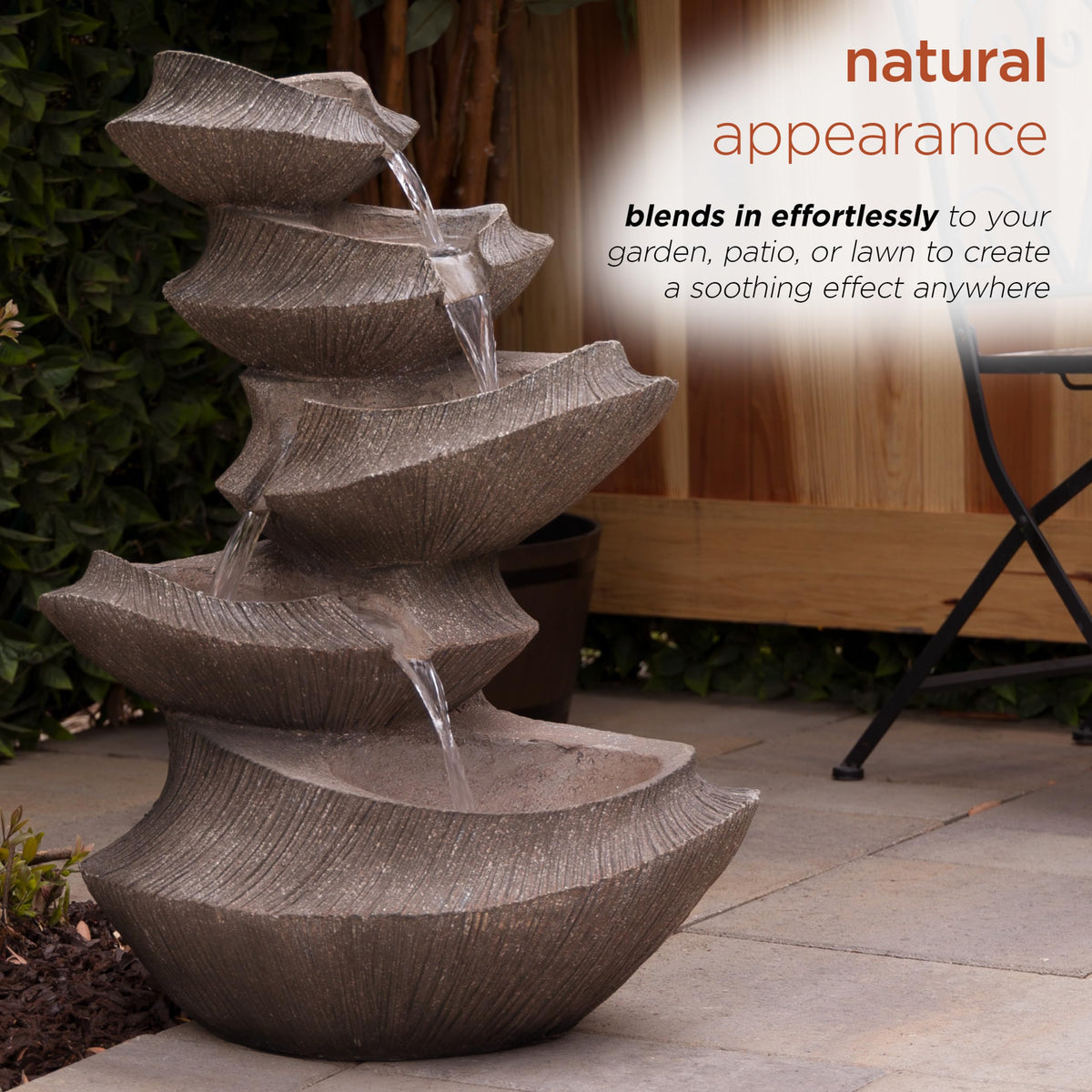 Alpine Corporation WIN1332L-BR Outdoor Floor Tiered Basin Fountain with LED Lights, Modern Basin Garden Fountain 31", Brown