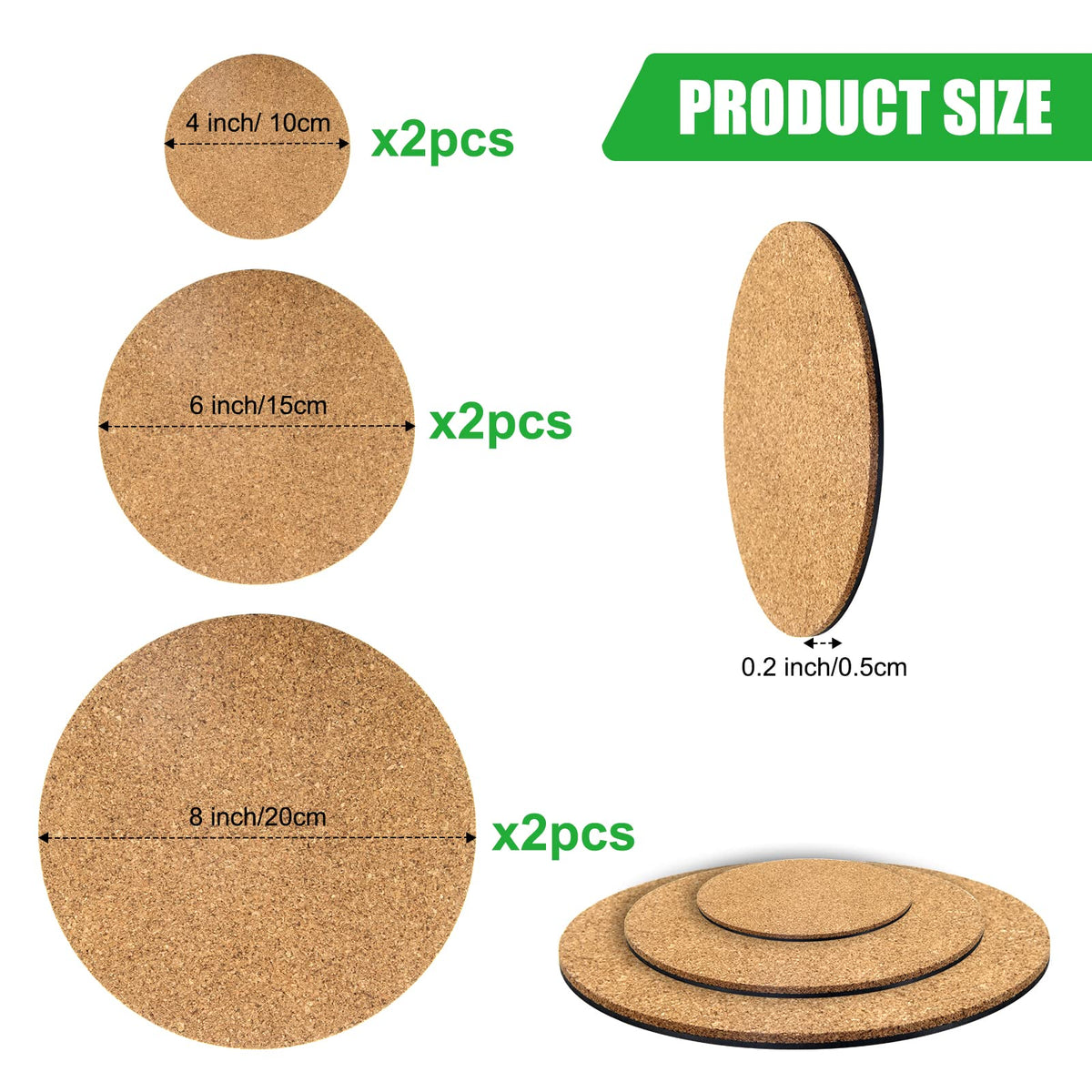 Coitak 6 Pieces Cork Mat for Plants, Round Cork Plant Coasters Mats for Garden, Courtyard, Pot Mat, Indoor Outdoor and DIY Craft Project (4 Inch, 6 Inch, 8 Inch)