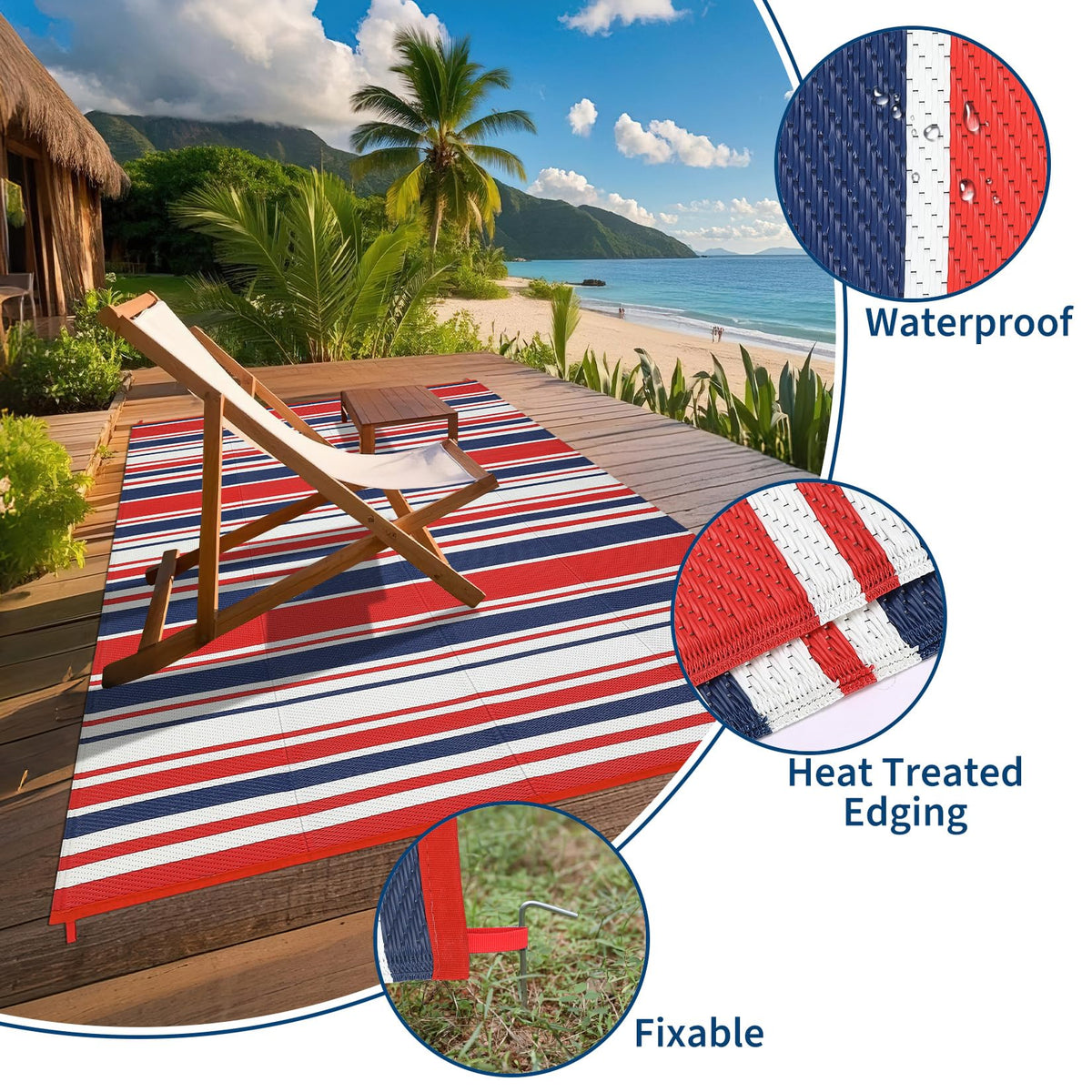 MilleLoom 10x20 Large Outdoor Patio Rug Modern Line Plastic Straw Outdoor Rugs Waterproof Foldable UV Resistant Camping Reversible Mats for Deck, Picnic, Porch, Camper, Balcony, Beach, Rv，Red/Multi