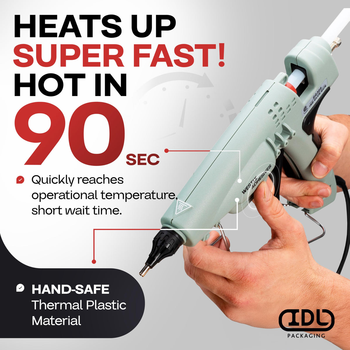 IDL Packaging GG-300 Industrial 300W Hot Glue Gun with 10 pcs Glue Sticks - 1/2" x 10" Full-Size Glue Sticks - Hot Glue Gun Kit for Variety of Surfaces: Foam, Vinyl, Leather, or Upholstery