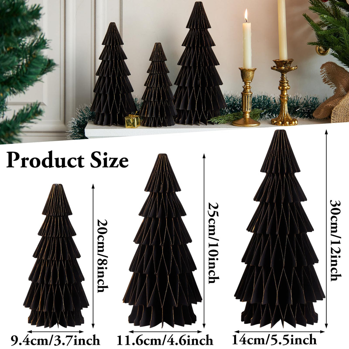 SUNBEAUTY 3PCS Black and Gold Honeycomb Paper Christmas Tree, 3D Christmas Tree Table Centerpiece with Magnetic Attachment,Christmas Winter Newyear Party Holiday Home Decor
