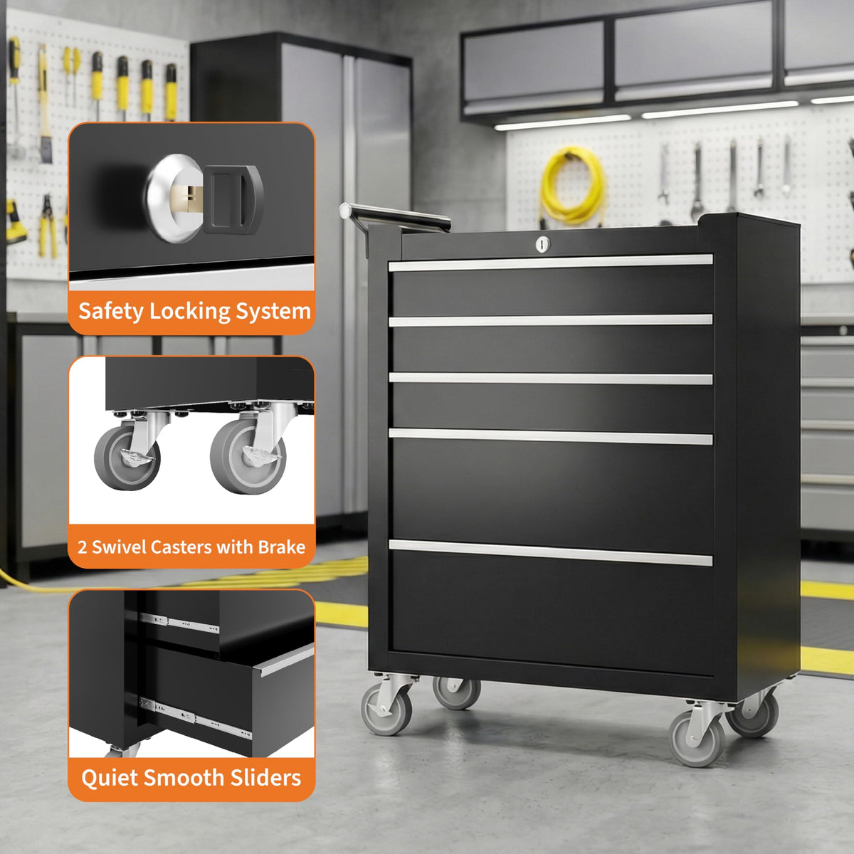 SierraSquad Rolling Tool Chest, 5-Drawer Tool Storage Cabinet, Tool Box with Wheels, Lock System and Drawer Liners, Tool Cart for Warehouse, Workshop and Repair Shop, Black