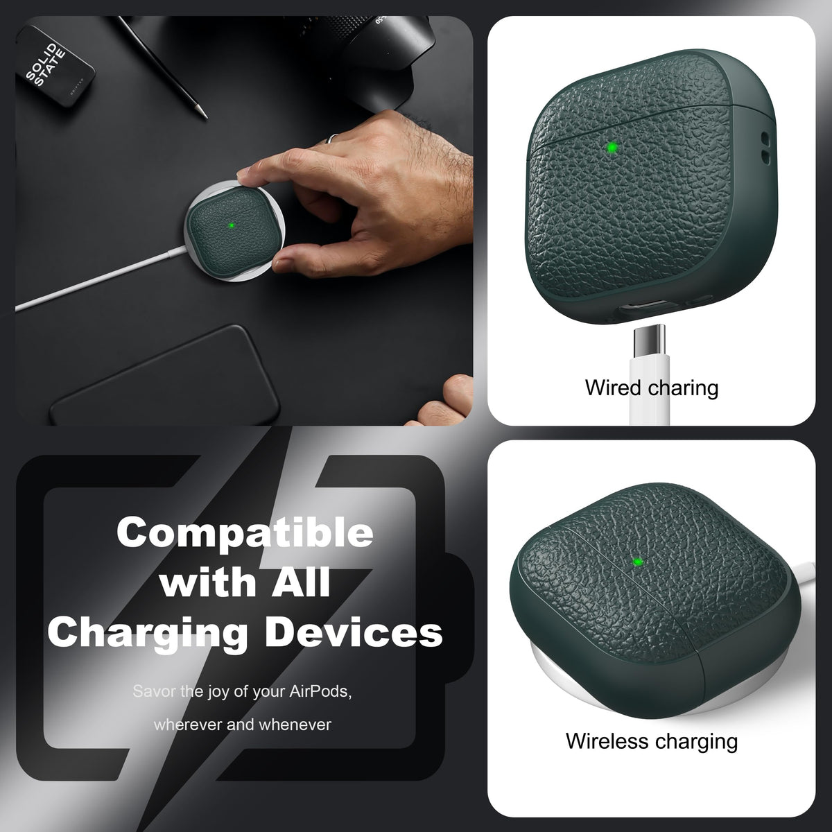 R-fun for Airpods 4 Case, Soft TPU (Leather-Like Design) Drop Protection Cover for Men and Women with Lanyard and Cleaner Kit, Compatible with Apple Latest Airpods 4th Gen(USB-C)(2024)-Green