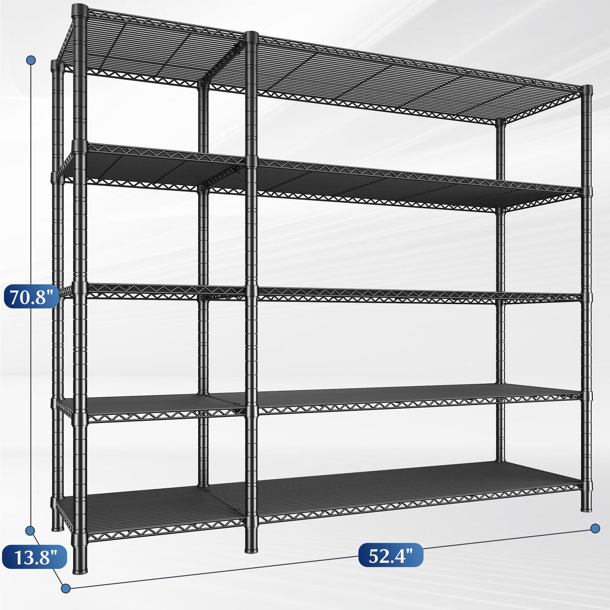 70.8"H Storage Shelves, 5-Tier Metal Shelving 1200 High-Load Heavy Duty Wire Shelving, Adjustable Metal Shelves-L Shaped Wire Shelving Units for Kitchen Garage Pantry Basement, 52.36"W x13.78"Dx70.8"H