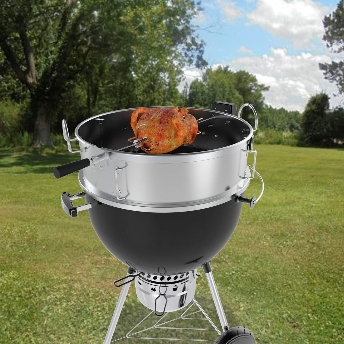 onlyfire Stainless Steel Multi-purpose Rotisserie and Pizza Combo Kit for Weber 22-Inch Kettle Charcoal Grills - Include Pizza Peel and Pizza Stone