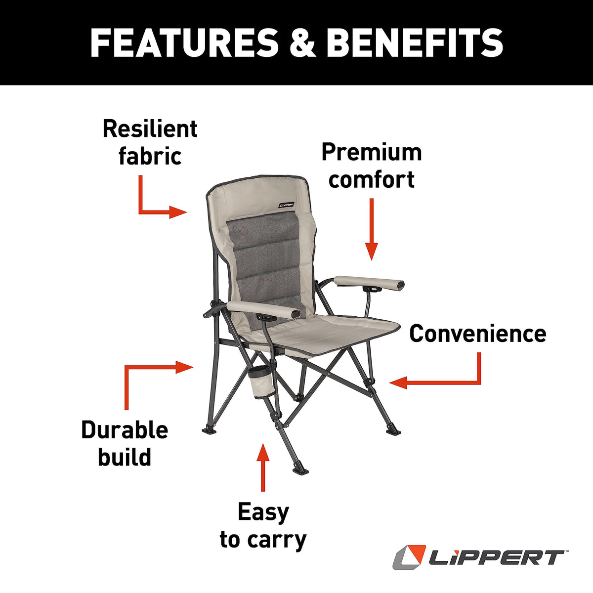 Lippert Components Scout Outdoor Folding Chair for Camping, Foldable, Steel Tube Frame, 600D Polyester, UV and Water Resistant PVC Coating, 500 lb. Weight Capacity, Sand - 2021123277