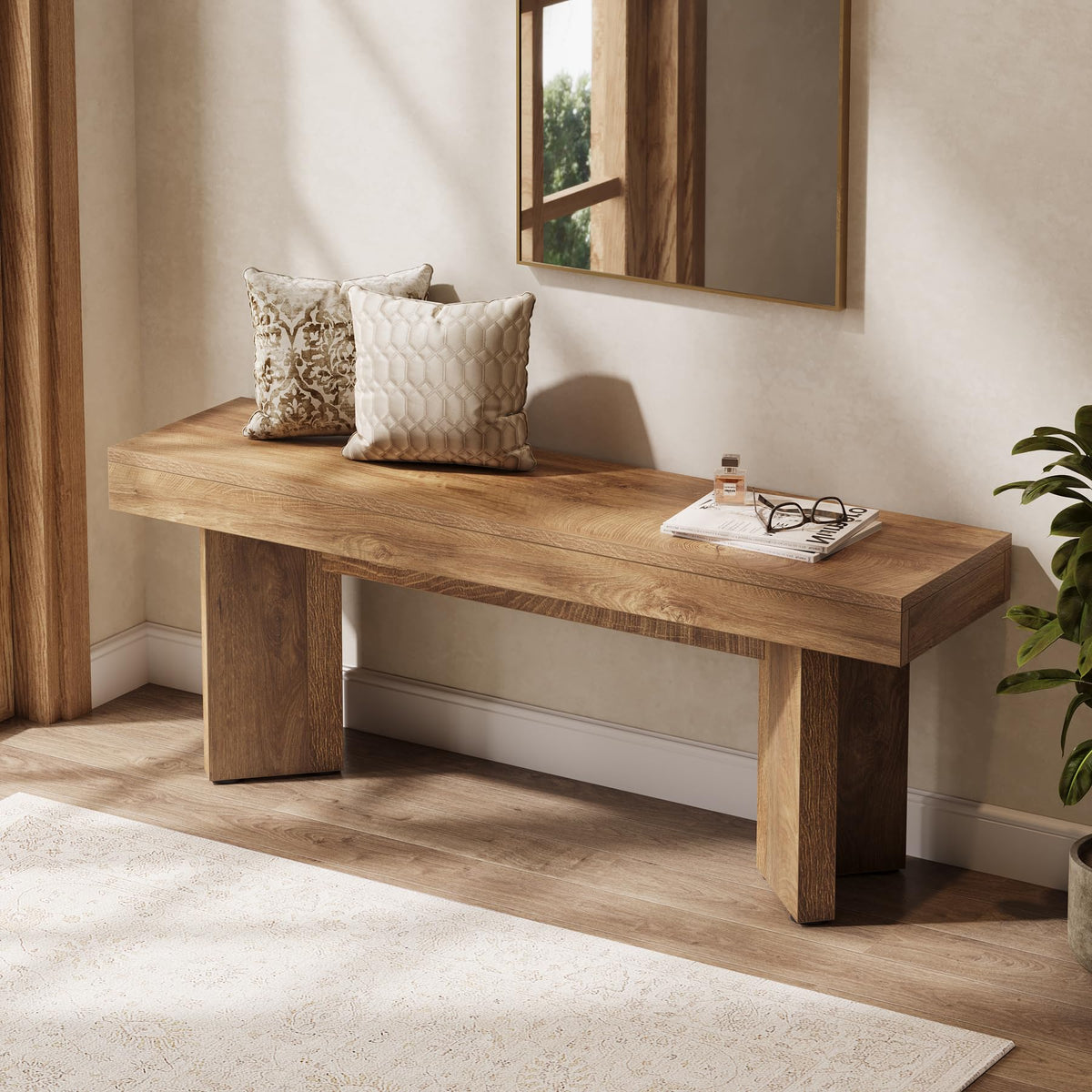 Tribesigns 47" Wooden Entryway Bench, Farmhouse Indoor End of Bed Bench, Long Table Benches Seat for Bedroom, Hallway, Foyer, End of Bed (Rustic Brown)
