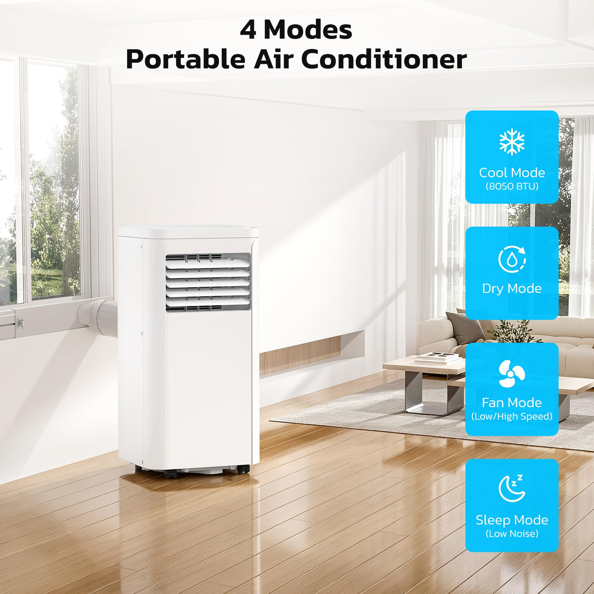 Electactic 8000 BTU Portable Air Conditioner for Rooms up to 450 Sq.Ft, 4 Modes Portable AC Unit with Cool, Dry, Fan and Sleep Modes, Remote and LED Display, Installation Kits for Home, Apartment