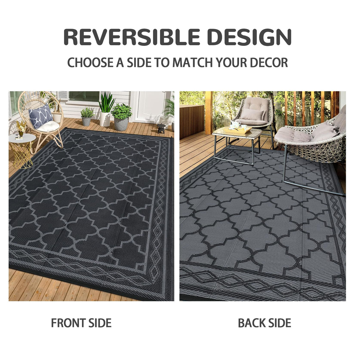 GlowSol Outdoor Rug 9x18 for Patios Waterproof Mat Outdoor Plastic Straw Rug Clearance, Reversible Carpet for Rv,Large Outside Carpet for Porch, Deck, Camper, Balcony, Backyard, Picnic,Black Grey