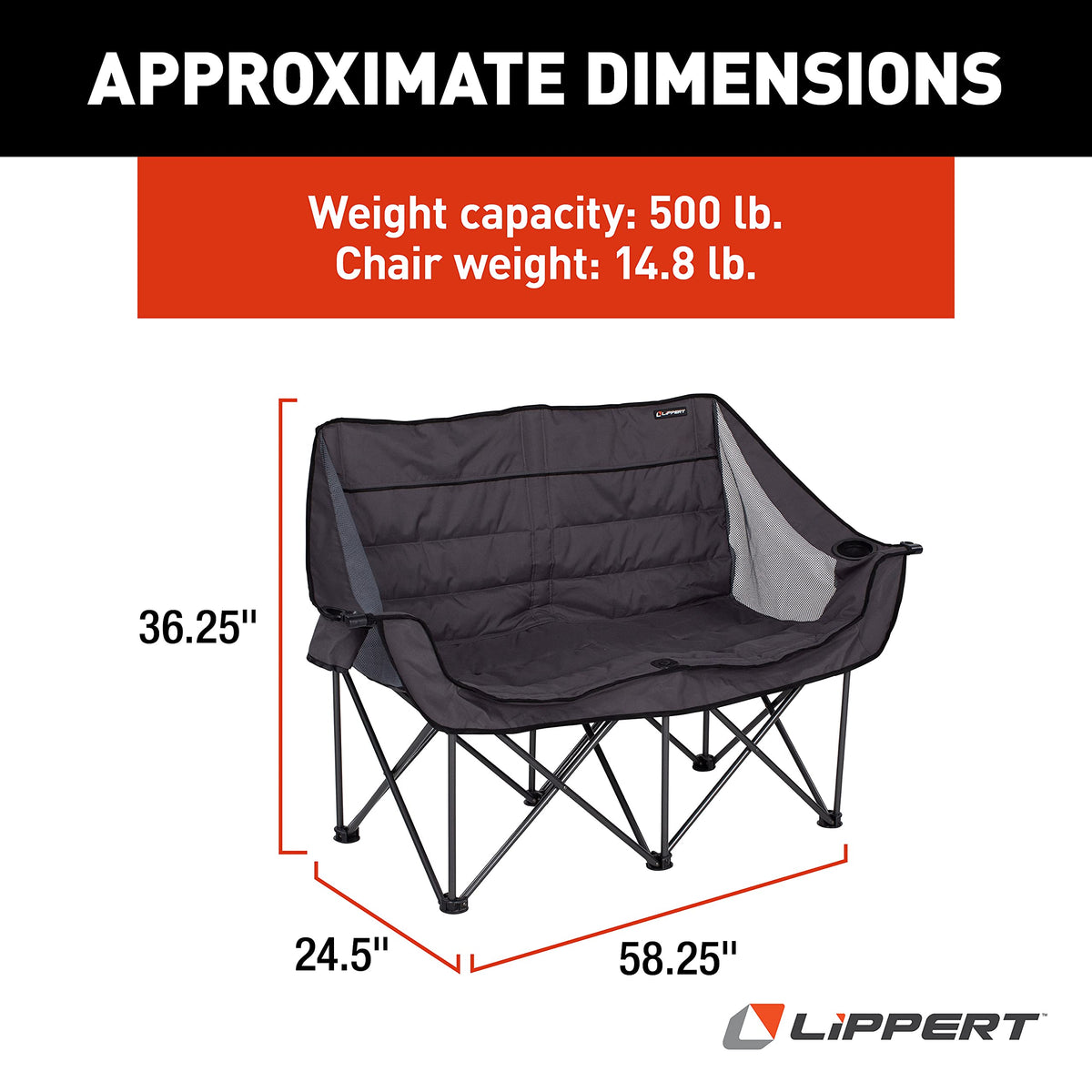 Lippert Campfire Folding Loveseat with 500-lb. Weight Capacity, Carry Bag, Durable Mesh Fabrics, High-Loft Cushioning, Storage Pocket, Dual Cupholders, Stemmed Wine Glass Holder (Grey) - 2021000206