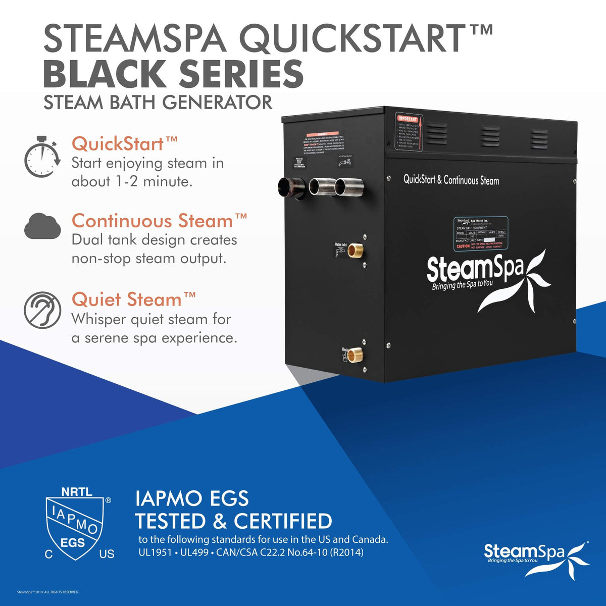 SteamSpa Generator with Quick Start Continuous Steam Technology, Wi-Fi, Bluetooth and Autodrain | 12kW Steam Generator with Chrome Steam Head with Aromatherapy Reservoir | SS-RVB1200CH-A