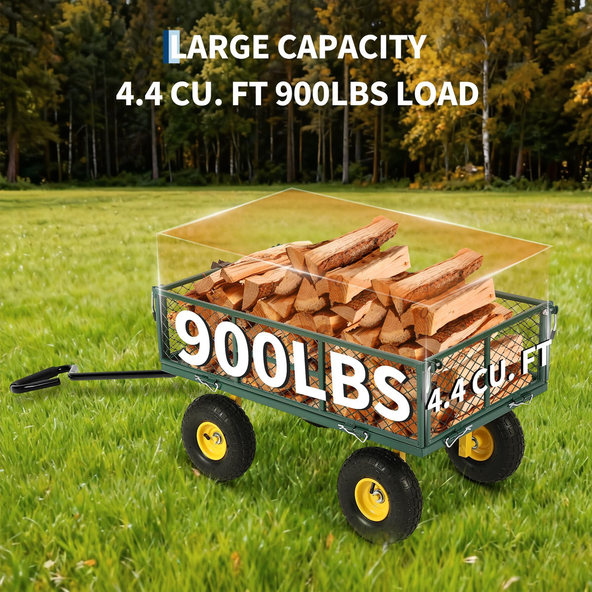 900 Lb Capacity Heavy Duty Steel Garden Cart – 2-in-1 Utility Wagon with Removable Mesh Sides, 10" All-Terrain Tires, Flatbed Conversion, 180° Rotating Handle – Perfect for Lawn, Garden & Backyard
