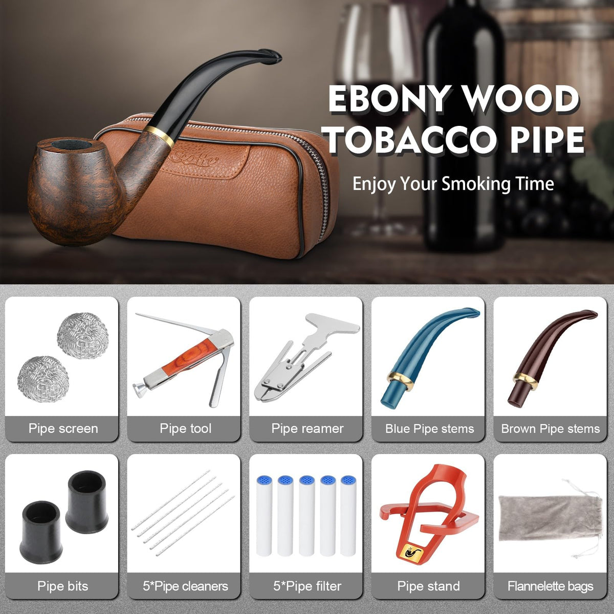Scotte Handmade Pipe Set, Leather Pipe Pouch, Wood Pipe and Accessories (Scraper/Stand/Filter Element/Filter Ball/Small Bag/Box) (brown)