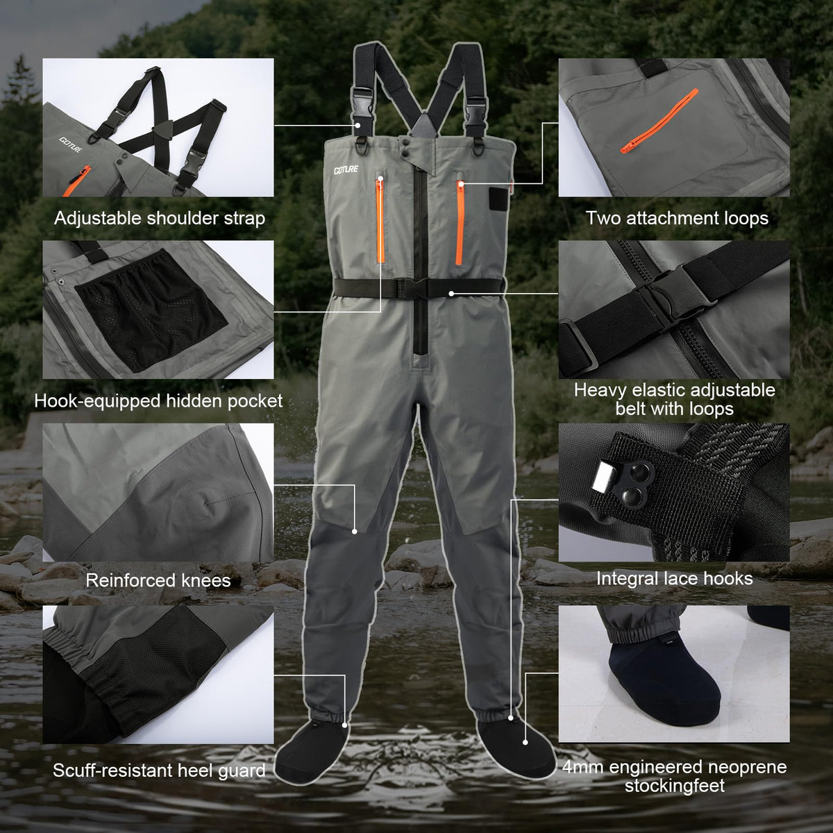 Goture 5-Layer Waterproof Zip Front Stocking Foot Waders, Breathable Fly Fishing Waders for Men Women with Handwarmer, Multiple Storage Pockets, Waist Belt, Fishing Chest Wader for Fishing XL