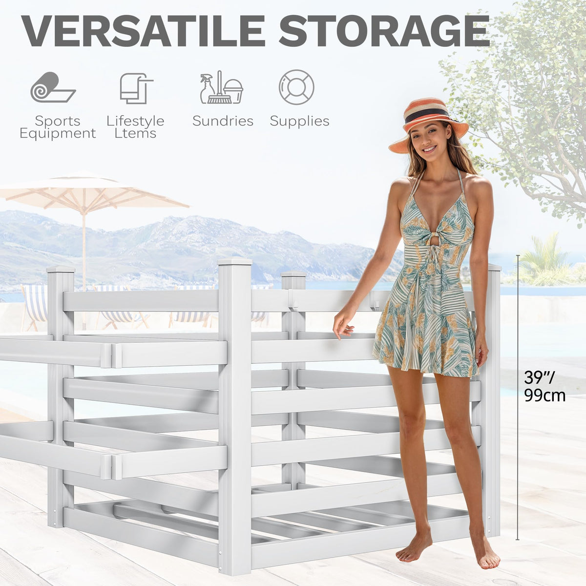 DWVO Pool Storage Bin, 64"x46"x38" Large Waterproof Pool Float Organizer with 6 Movable Hooks, Outdoor Resin Poolside Deck Box for Goggles, Towels & Pool Accessories, White