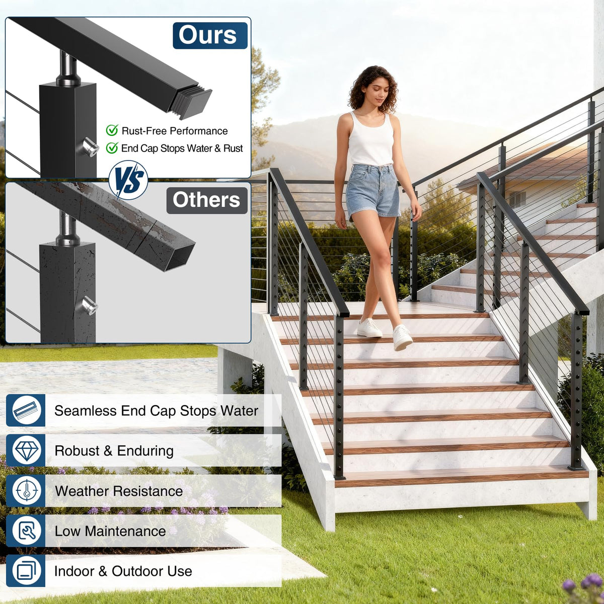 Gyykzz 4 Pack 10FT Black Rectangular Stainless Steel T304 Handrail for Cable Railing System, Flat Top Cable Railing Handrail with Extra End Caps for Indoor Outdoor Length Adjustable DIY Balustrade