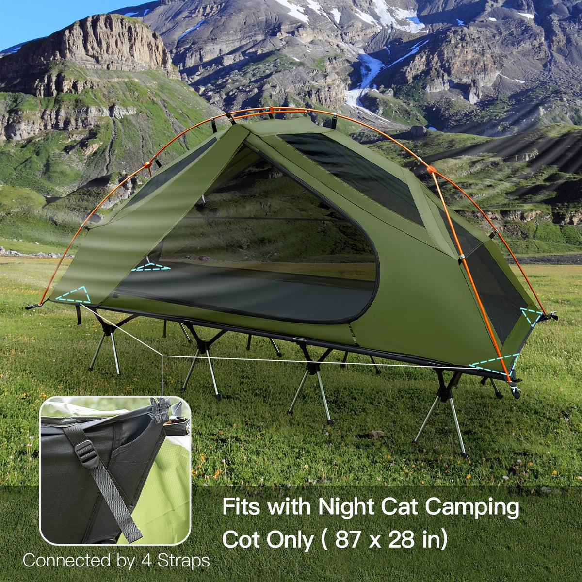 Night Cat Camping Cot Tent - Waterproof 1-Person Off-Ground Combo Cot Bed for Adults Portable Easy Set-up Tent Green 27.5'' Width