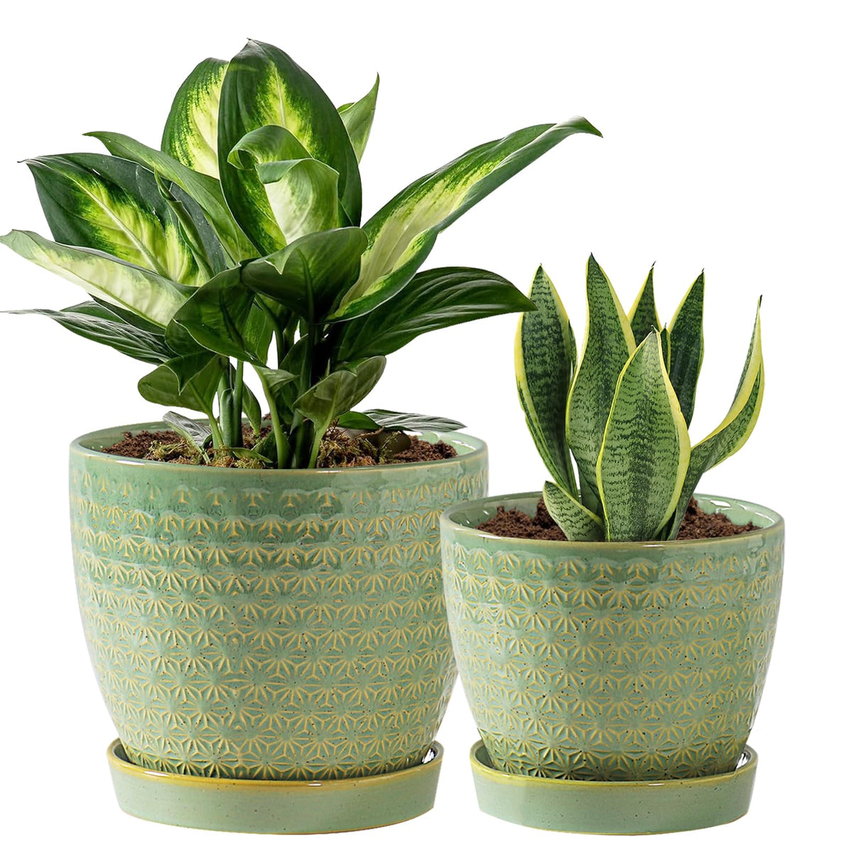 Plant Pots, Flower Pots, Planters for Indoor Plants(6.5+5.5inch), Flower Pots for Indoor Plant with Drainage Hole and Saucer, Ceramic Pots for Plants with Hole Mesh Pad,Sage Green