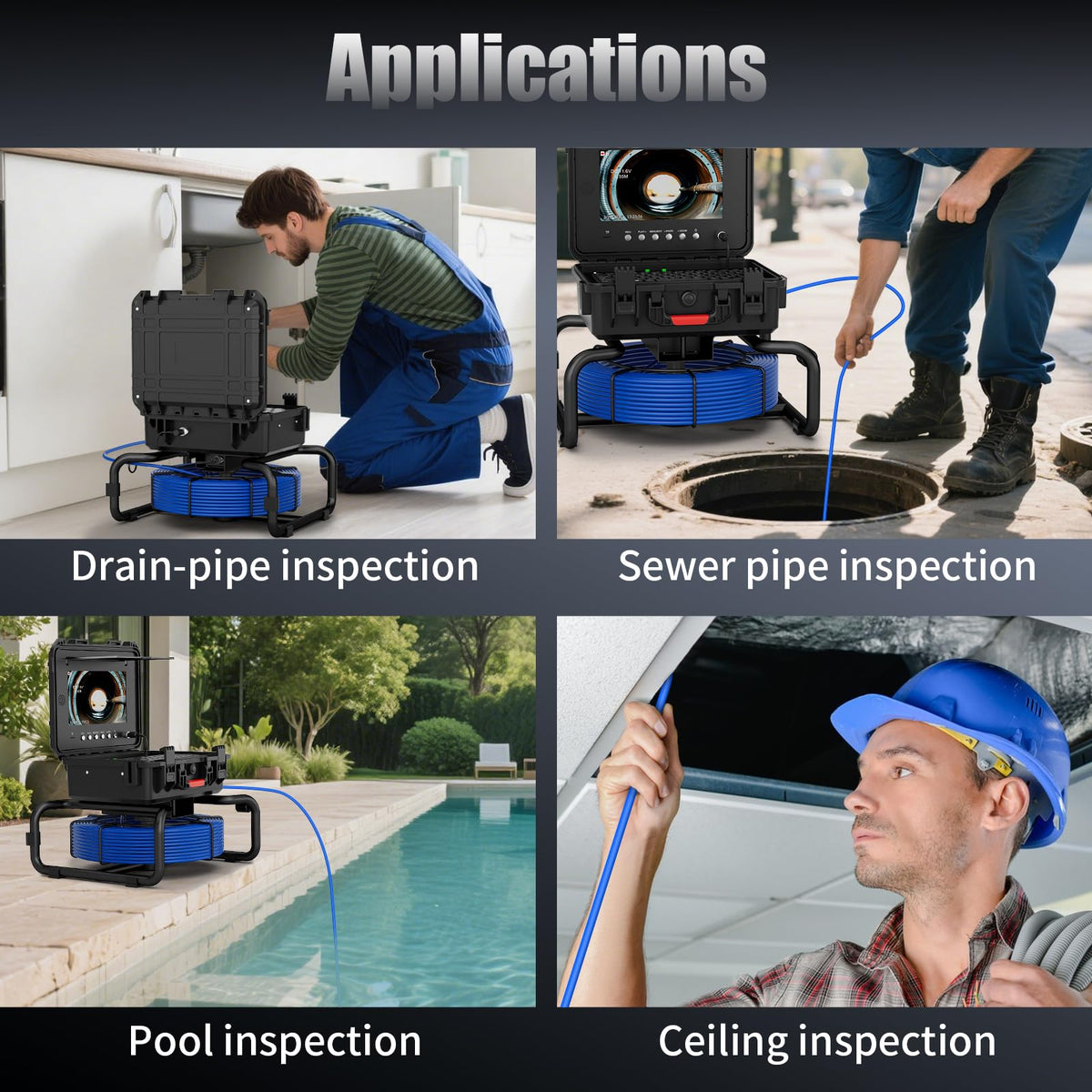 JINXINEBAY 10 Inch IPS Sewer Inspection Camera with 512Hz Locator, 1080P AHD, 50M Cable, DVR, Auto Self-Leveling, 5X Zoom, TF Card, LED Lights for Pipe/Wall/Drain (100FT)