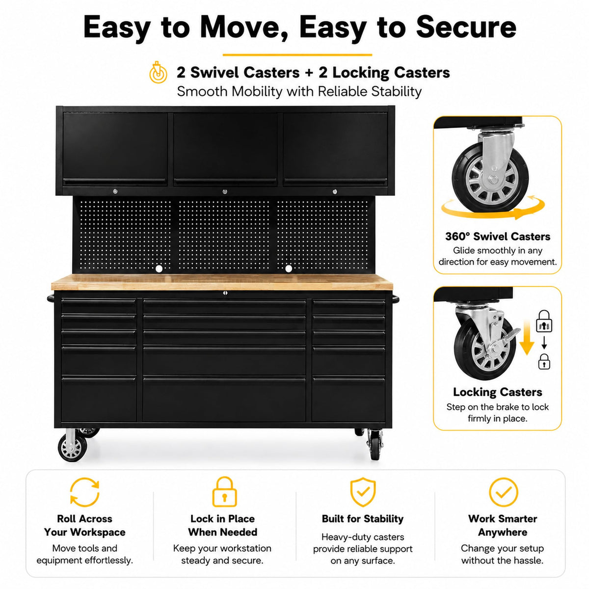 CHETTO C 72 inch Tool Chest Tool Box Mobile 15 Drawers Storage 3 Upper Cabinets SS-Pegboard Rolling Cabinet with Wheels Lock Key Locking System Drawer Liners for Garage Warehouse Repair Shop Black