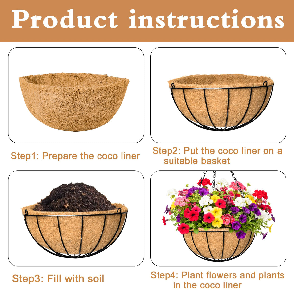 XXFBJNMD 4 Pack 12 Inch Hanging Baskets for Plants Outdoor Metal Hanging Planter Basket with Coco Coir Liner Hanging Flower Baskets Hangings Flower Pots Holder for Garden, Patio(Watermelon)