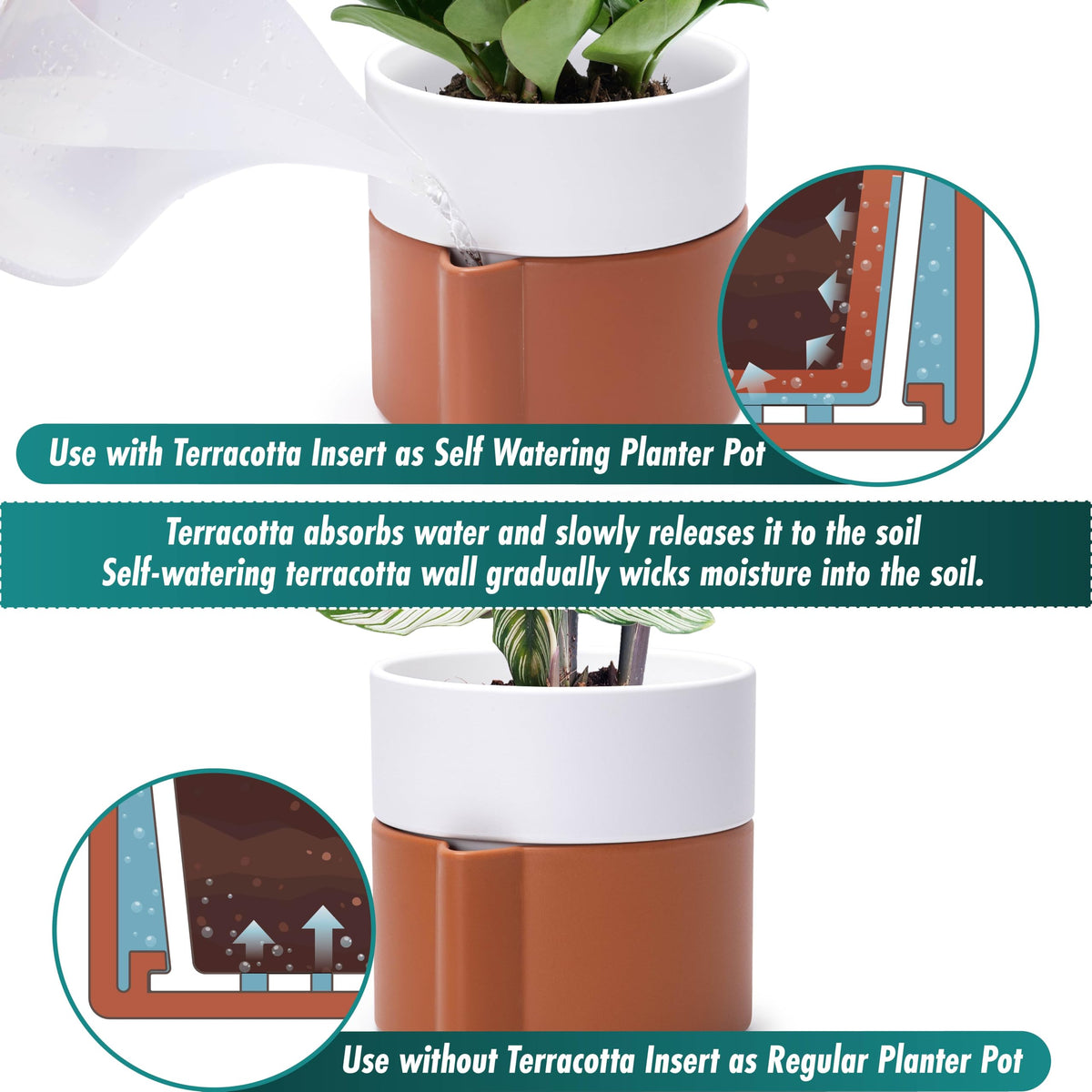 6.5 Inch Self-Watering Planter Pot with Terracotta Insert, Deep Water Reservoir, and Ceramic-Alike BPA-Free Plastic Pot for Plant, Modern Planter for Houseplants, Terracotta/White, 53-B-S-6