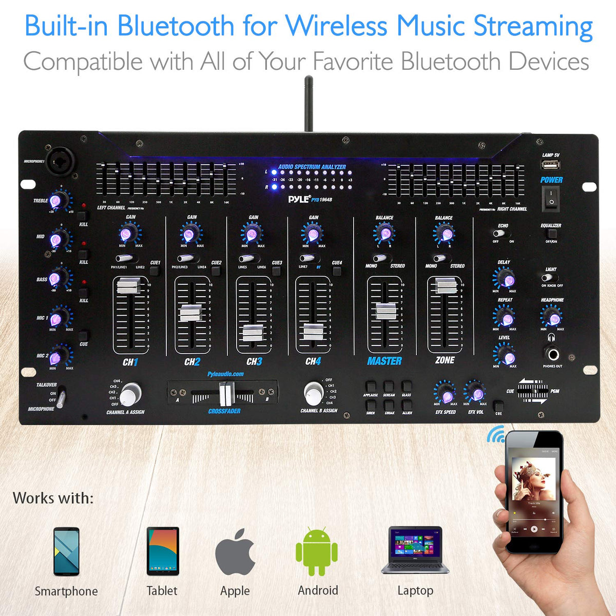 Pyle 6 Channel Mixer, Bluetooth DJ Controller, Stereo Mixer, Professional Sound System, LED Illumination, Mixer Digital Audio, Digital Mixing System, Speed Control, 5U Rack Mount System (PYD1964B)