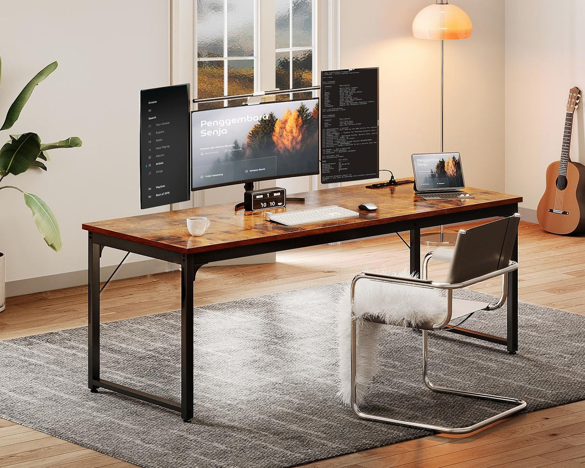 Coleshome 71 Inch Computer Desk with USB Ports, Large Office Desk, Long Study Student Writing Desk, Rustic Brown