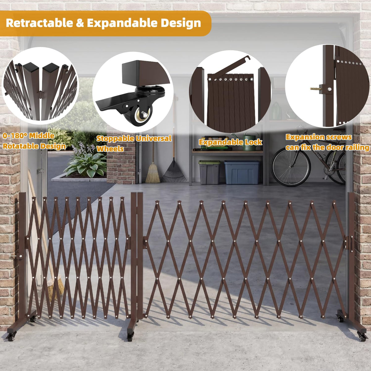 TSAYAWA 213” Wide Expandable Retractable Driveway Gate for Outdoor, Metal Fence Barrier with Lockable Foot Casters, 0-180° Rotatable Two-Segment Yard Garden Gate for Dog Security (213W×39.76H, Grey)