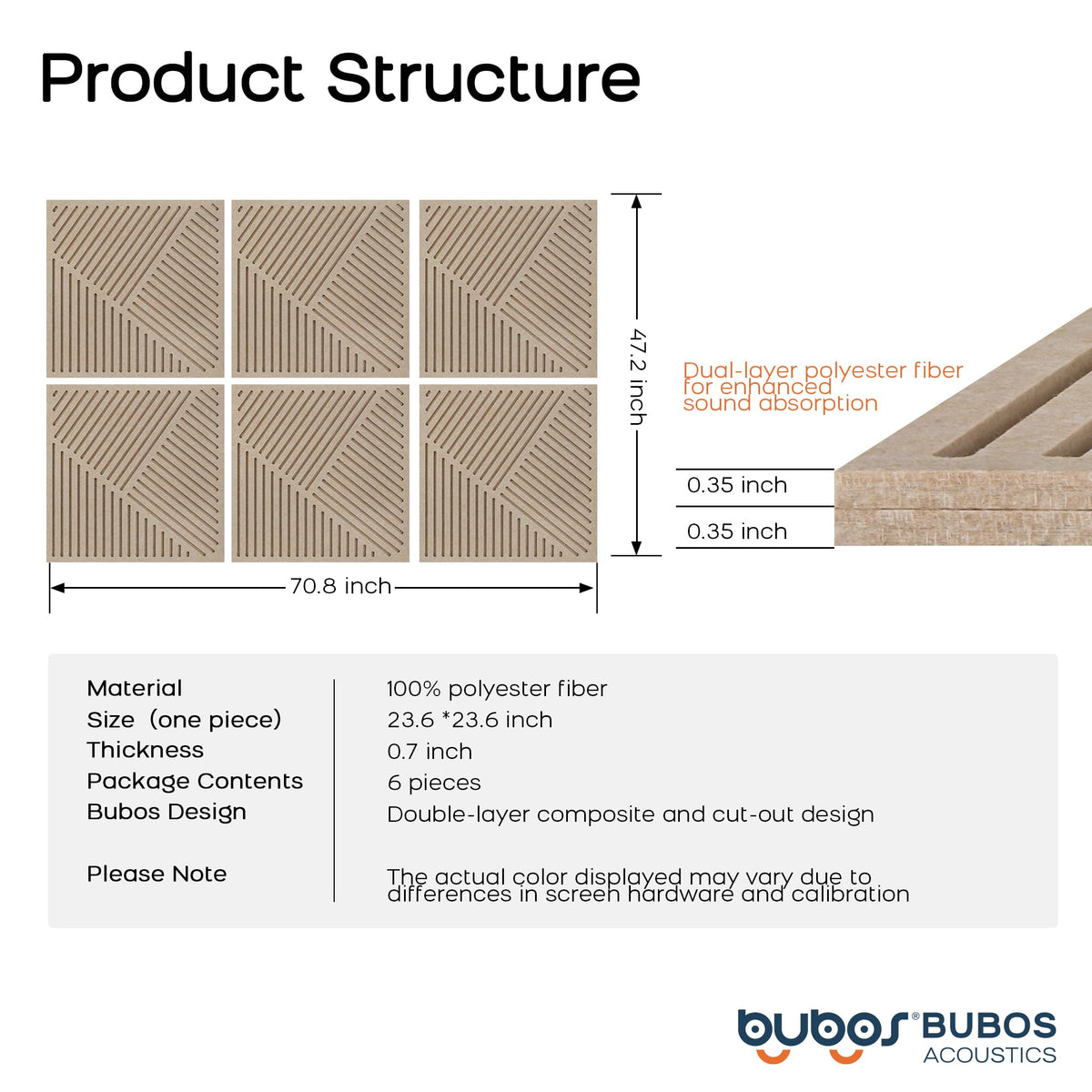 BUBOS Acoustic Panels Soundproof Wall Panels, Thick Double-Layer Sound Absorbing Decor, Twill-Patterned 3D Design, Spike Nail Mount for Recording Studio & Home Theater, 23.6"x23.6", 6 Pack,Camel