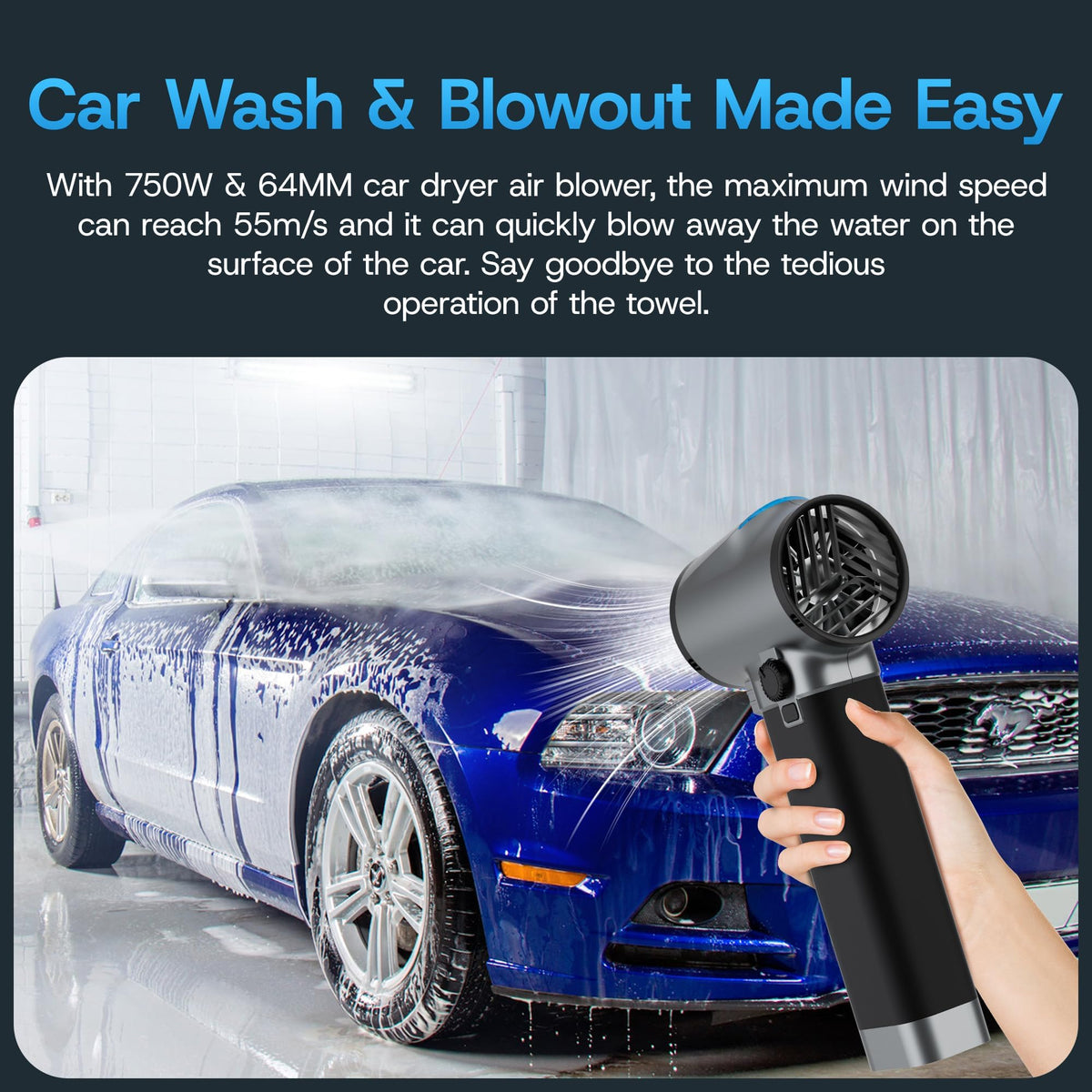 Thrustmax Turbo Dryer Blower for Car, Max 220MPH & 3.1LB Thrust, with Silicone Grip and COB Lights, 64MM & 750W Brushless Motor Car Blower, Portable Leaf Blower for Patio, Lawn and Car Cleaning