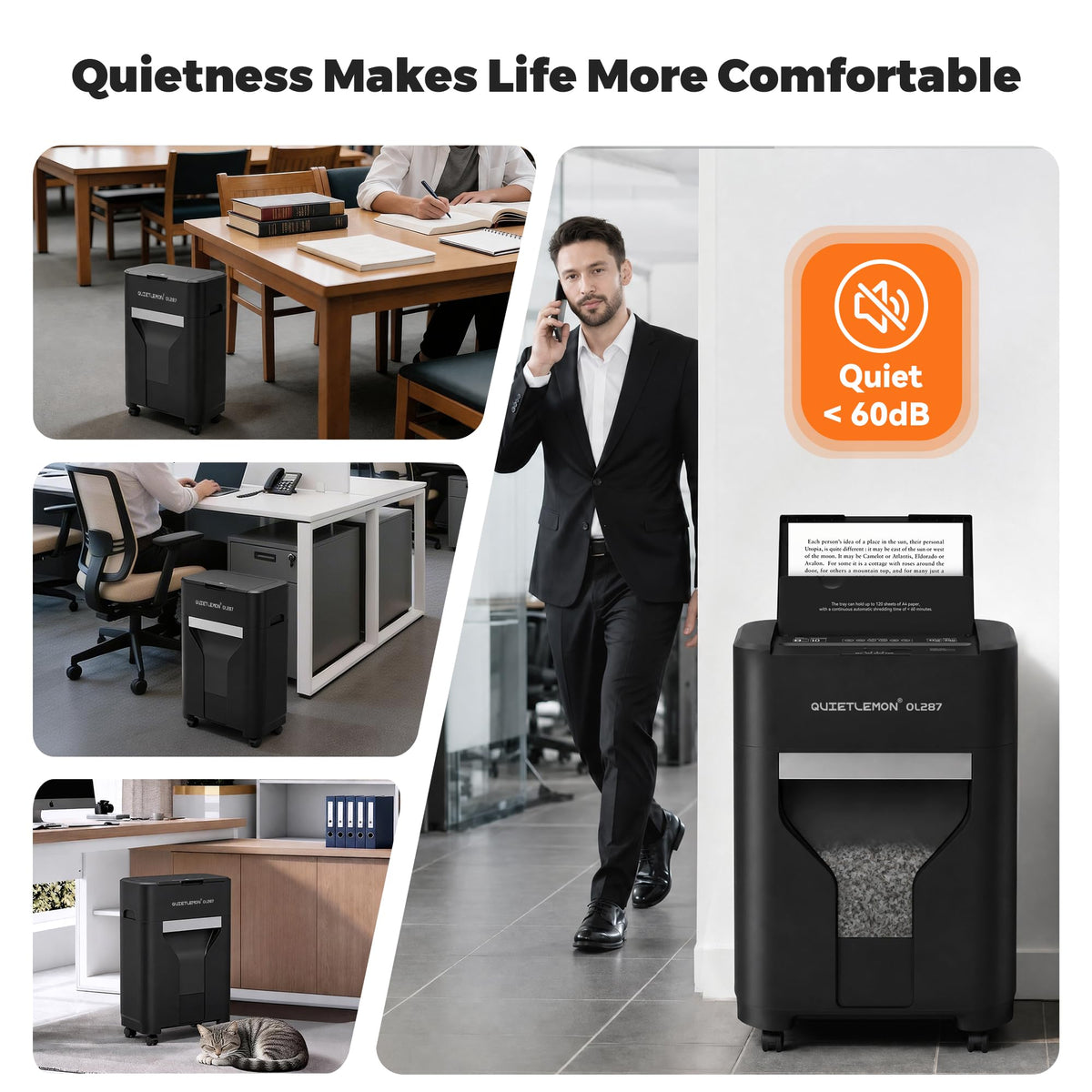 QUIETLEMON 120-Sheet Auto Feed Paper Shredder, 40 Min Non-Stop, Shredders for Home Office Heavy Duty, P-4 Ultra Security Shredder for Home Office, Cross-Cut with Wheels, 5.28 Gal Bin, <63 dB (OL287)