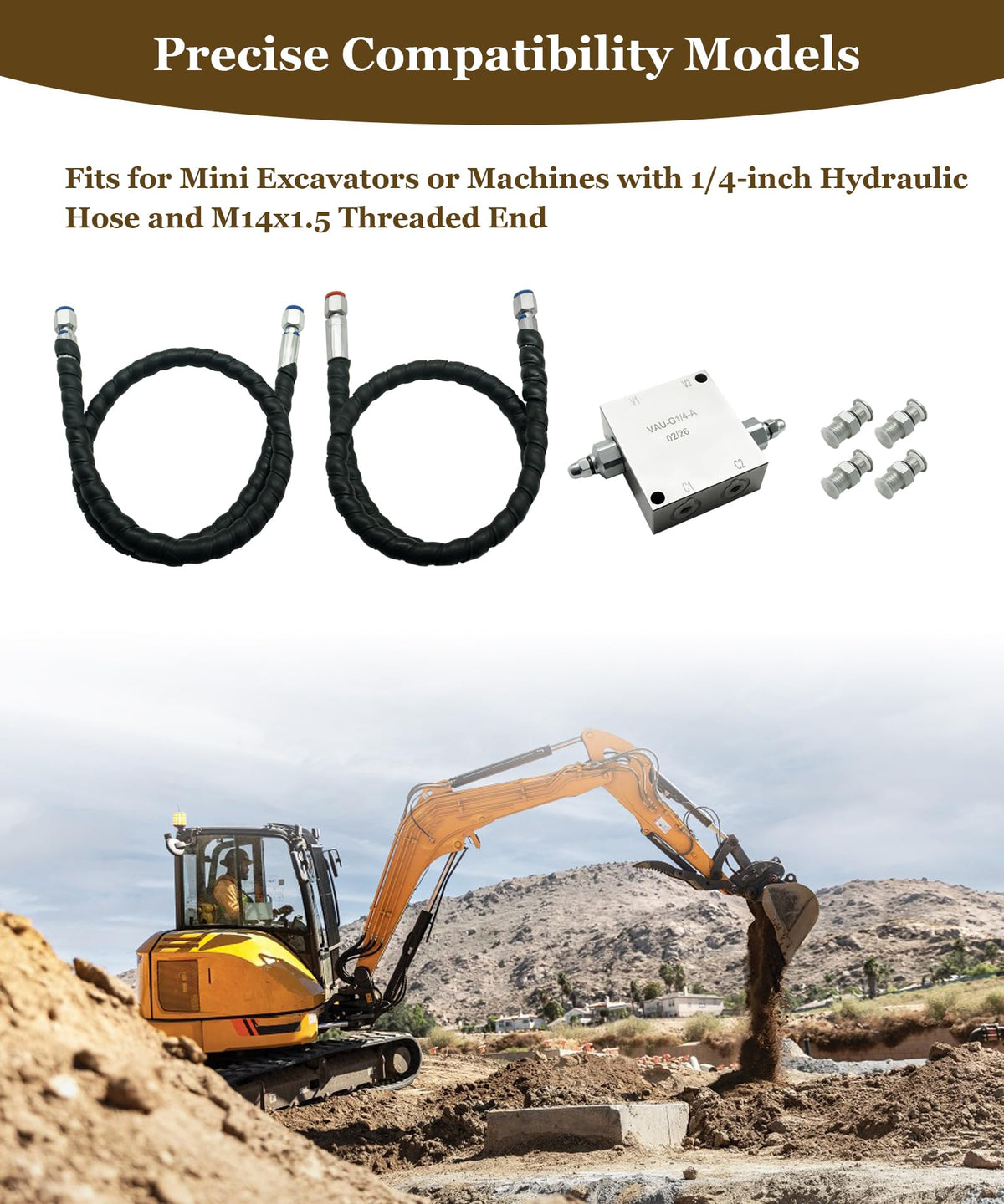 Mini Excavator Cushion Valve Kit with 1/4-inch Hydraulic Hose and M14x1.5 Threaded End,Fits Any Mini Excavator Attachments, Shock Absorb & Smooth Rotation Build Suitable for Rotary Motor Assembly