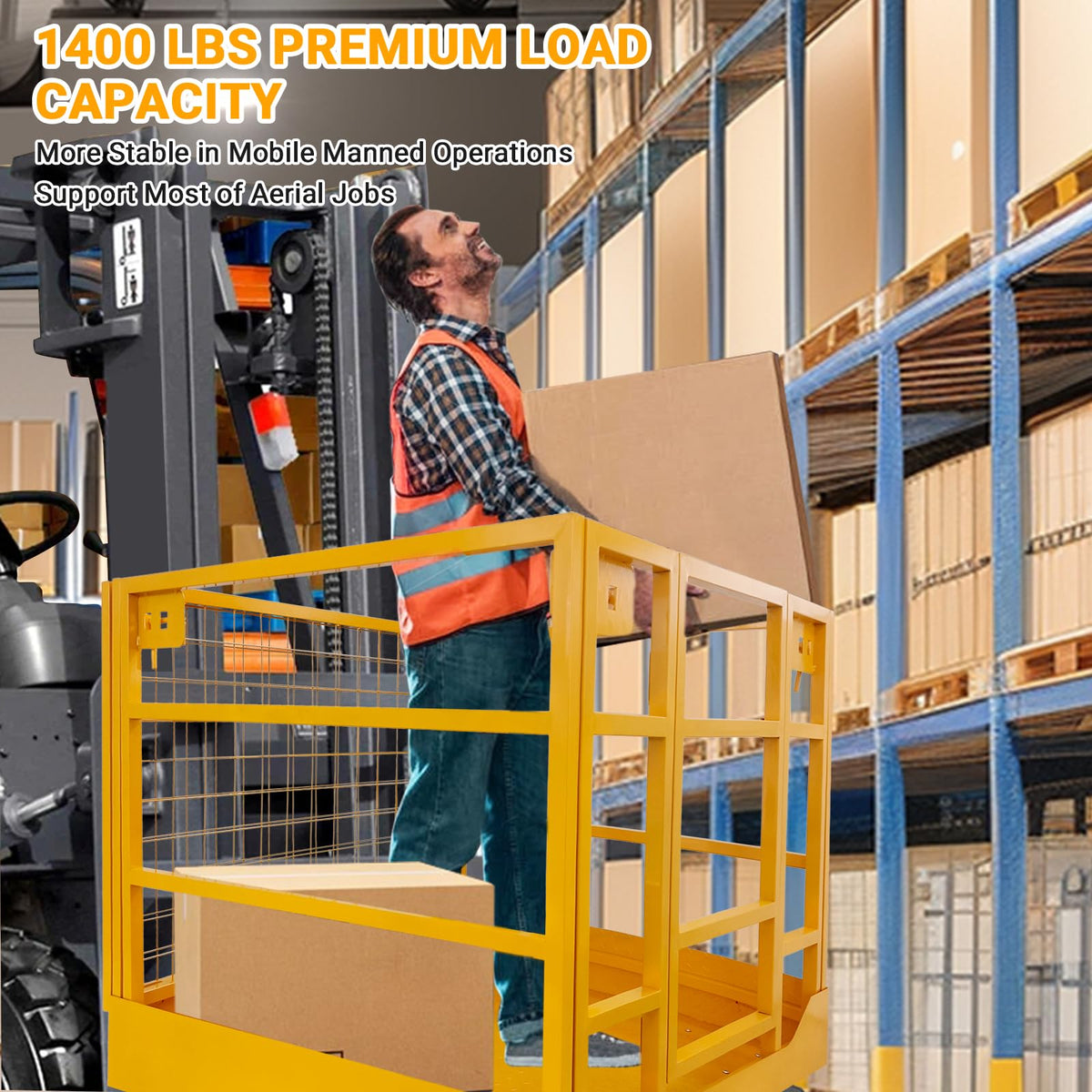 1400LBS Capacity Forklift Safety Cage with Lockable Swivel Wheels - 43"x45" Forklift Man Basket with Safety Harness - Collapsible Lift Basket
