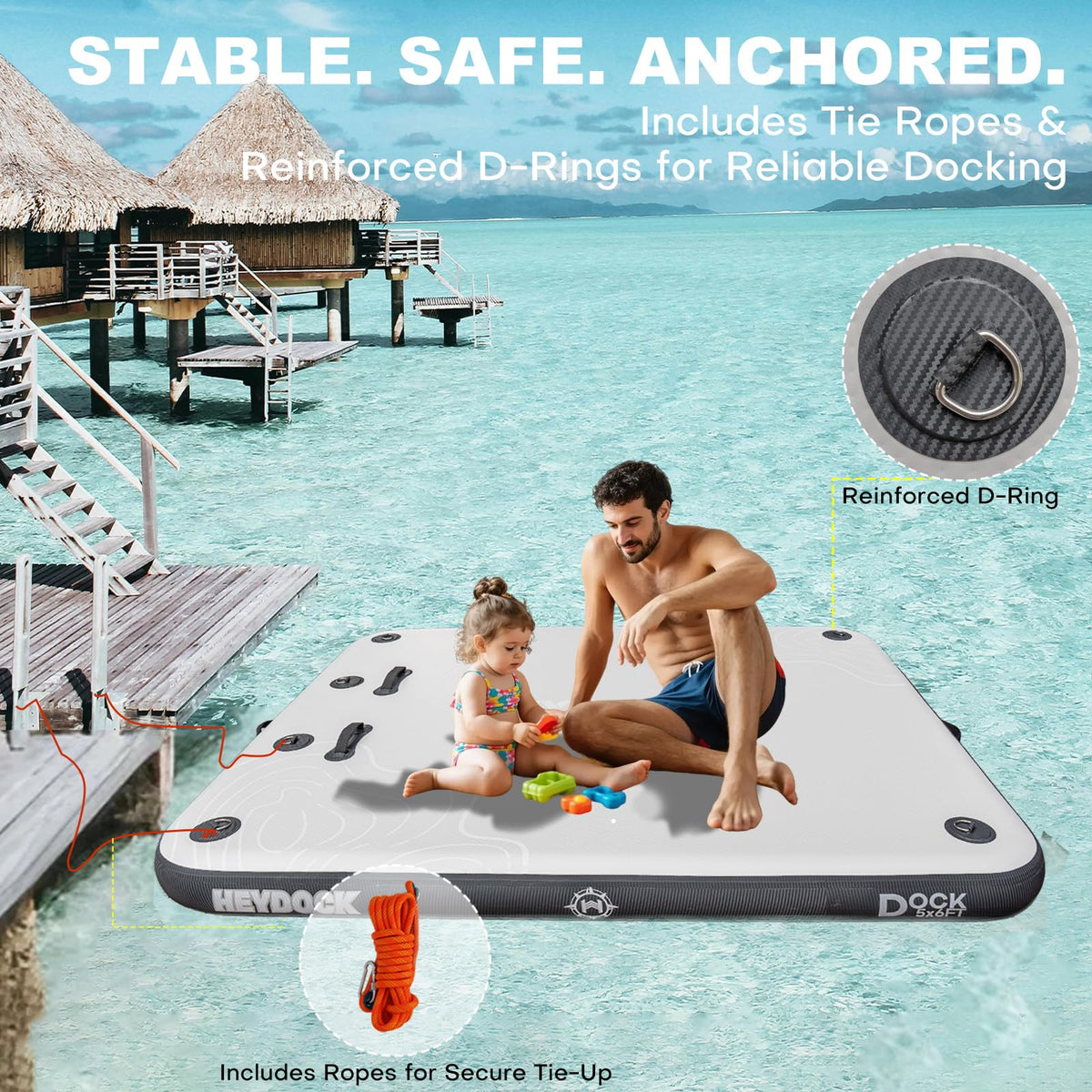 HEYBOARD Inflatable Floating Dock - Non-Slip Air Dock Platform, Floating Island Raft for Pool, Beach, Lake, Ocean with Detachable Ladder Gray 5 x 6 ft
