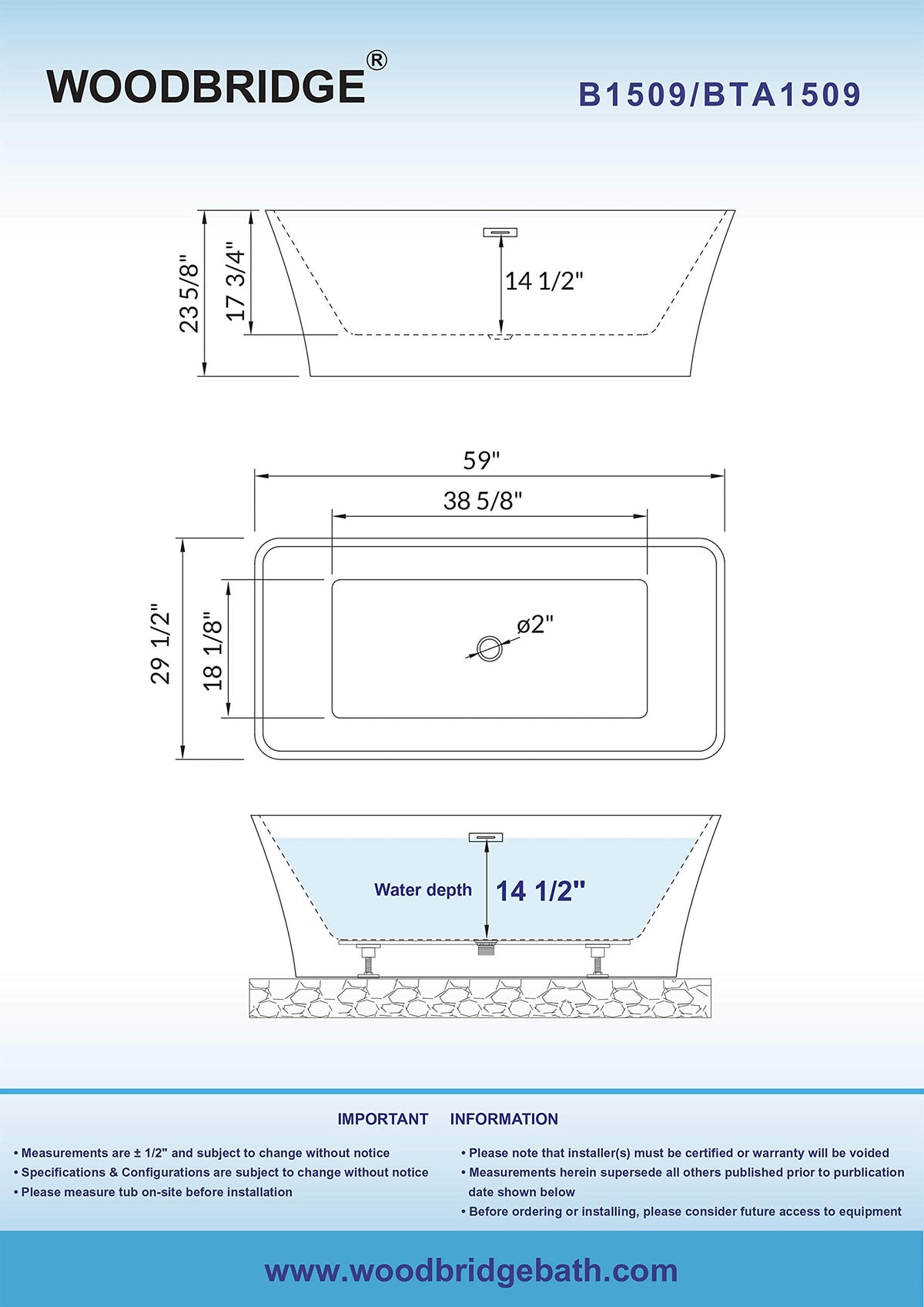 WOODBRIDGE 59" Freestanding White Acylic Soaking Bathtub with Matte Black Drain and Overflow,BTS1509-MB-Drain&O