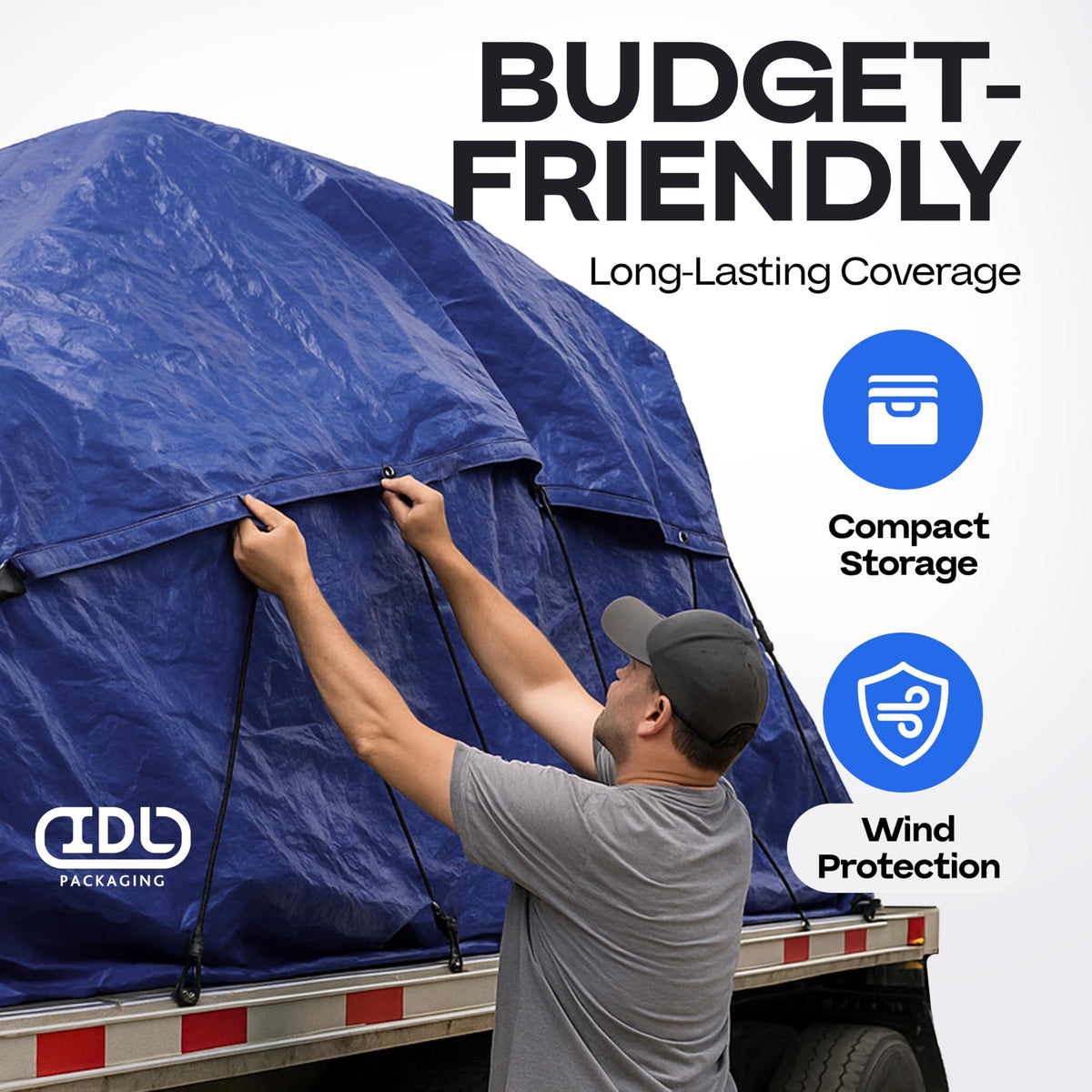 Blue Tarps Waterproof 8'x10', Pack of 8 - USA-Made 3.5 mil Thick Camping Tarp for Car, Boat & Storage Cover - Heavy-Duty Poly Tarpaulin with Grommets for Indoor and Outdoor Protection by IDL Packaging