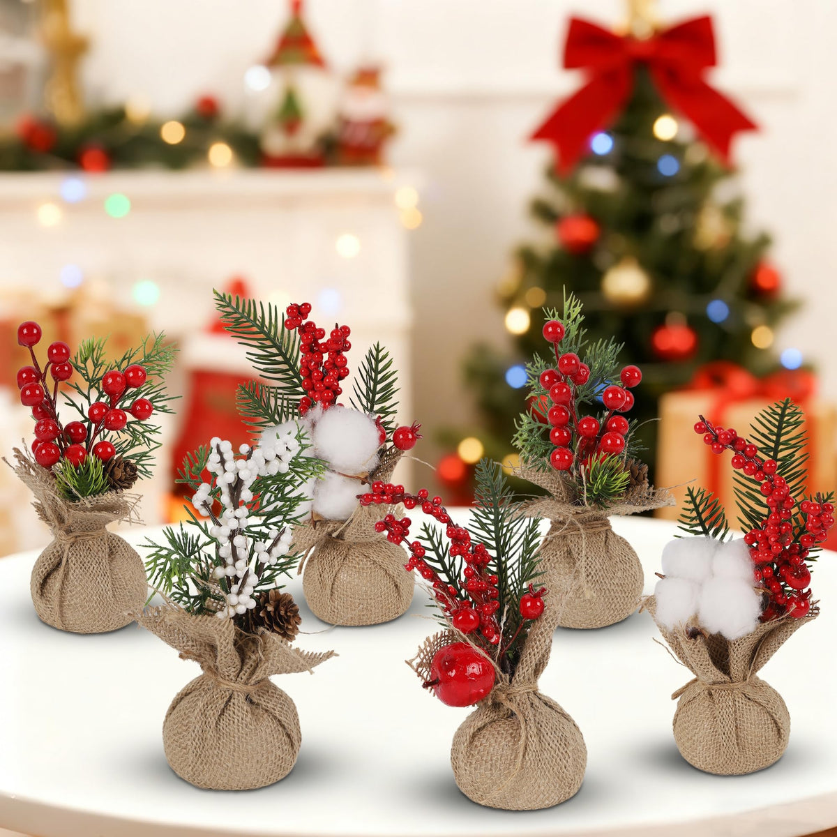 winemana 6 Pcs Mini Christmas Tree Table Decorations, 8" Small Artificial Trees with Red Berries Pine Cone Greenery Tabletop Centerpiece for Home Office Room Holiday Decorations