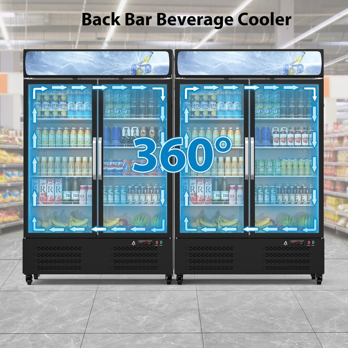 36.3 Cu.ft Commercial Beverage Refrigerator, Glass Door Upright Display Cooler, LED Light, Double Swing Doors, Adjustable Shelves, for Store, Restaurant, Bar, Office, Home
