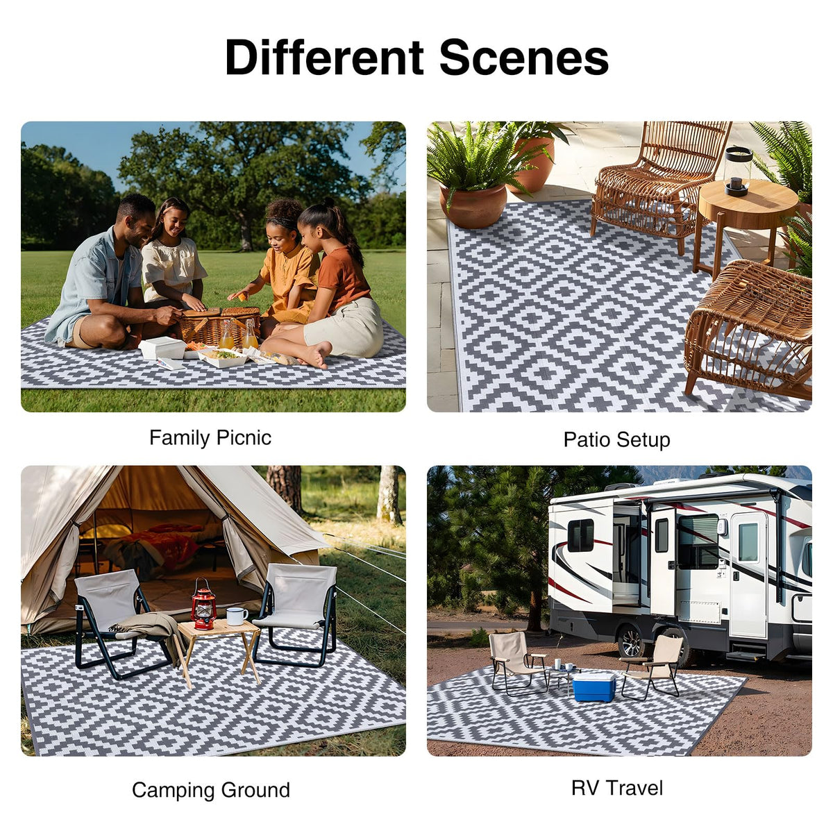 OLANLY Waterproof Outdoor Rug 10x14 ft, Outdoor Plastic Straw Rug for Camping, RV Mat Outside, Outdoor Carpet for Porch, Deck, Backyard, Balcony, Picnic, Grey & White