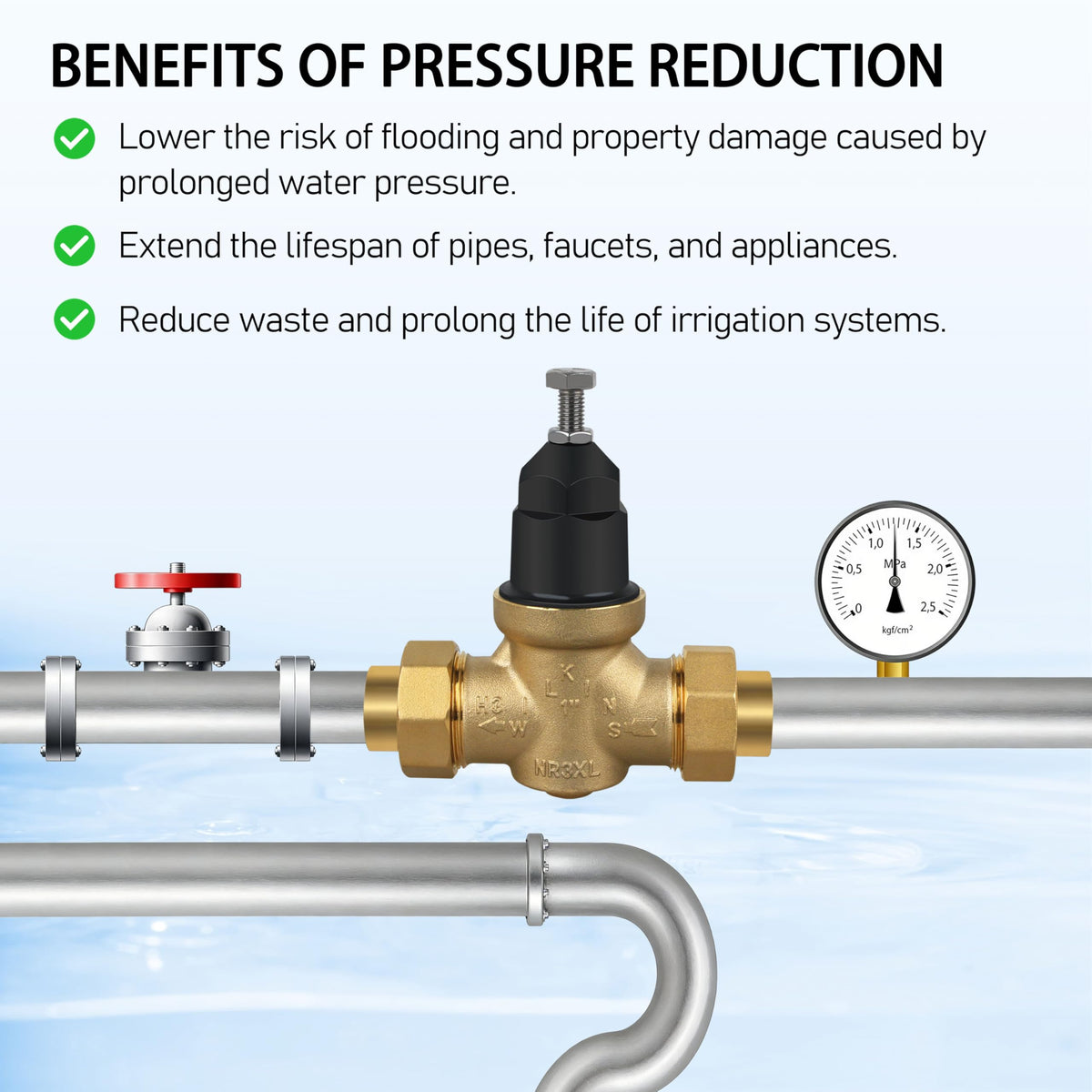 Water Pressure Regulator 1-NR3XLDU 1" with Double Union FNPT Connection Adjustable 15-75 PSI, Built-In Stainless Steel Strainer for Home, Commercial, Plumbing Applications