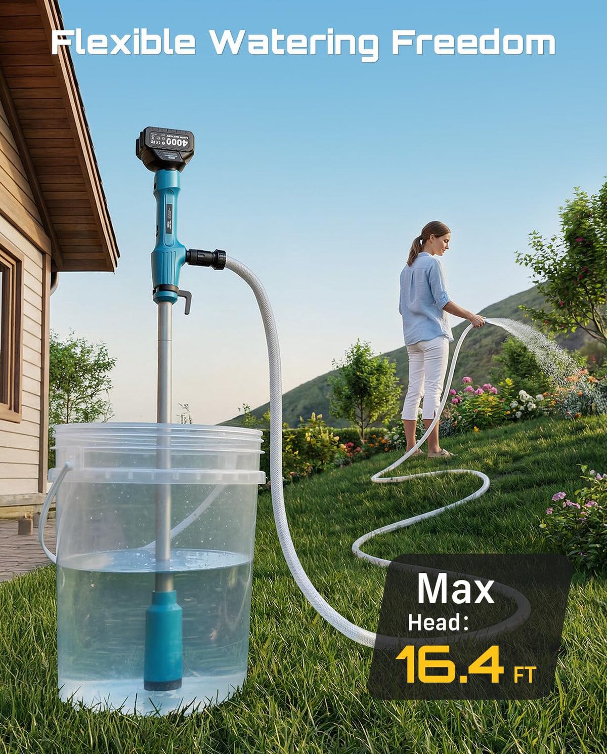 SEESII Cordless Stick Water Pump 2.2" Head, Battery Powered Diesel Transfer Pump 1-Hour Runtime, 720GPH & 16FT Lift Portable Submersible Utility Pump for Pool Garden Pond Boat Basement RV Rain Barrels