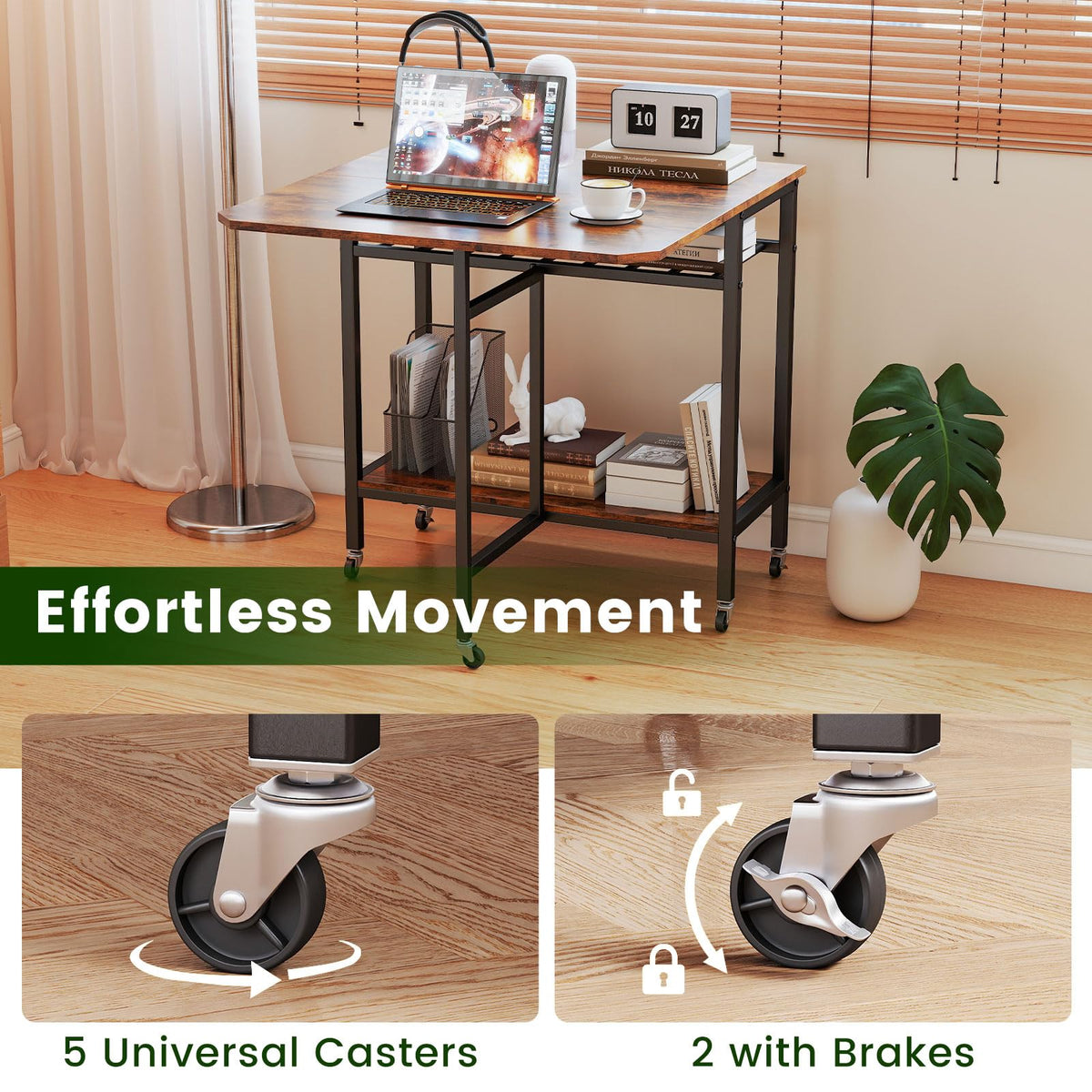 Giantex Folding Dining Table with 5 Wheels, Extendable Bar Tables with Wine Rack and Storage Shelf, Heavy-Duty Metal Frame, Space-Saving Kitchen Table for Small Spaces, Living Room, Apartment, Office